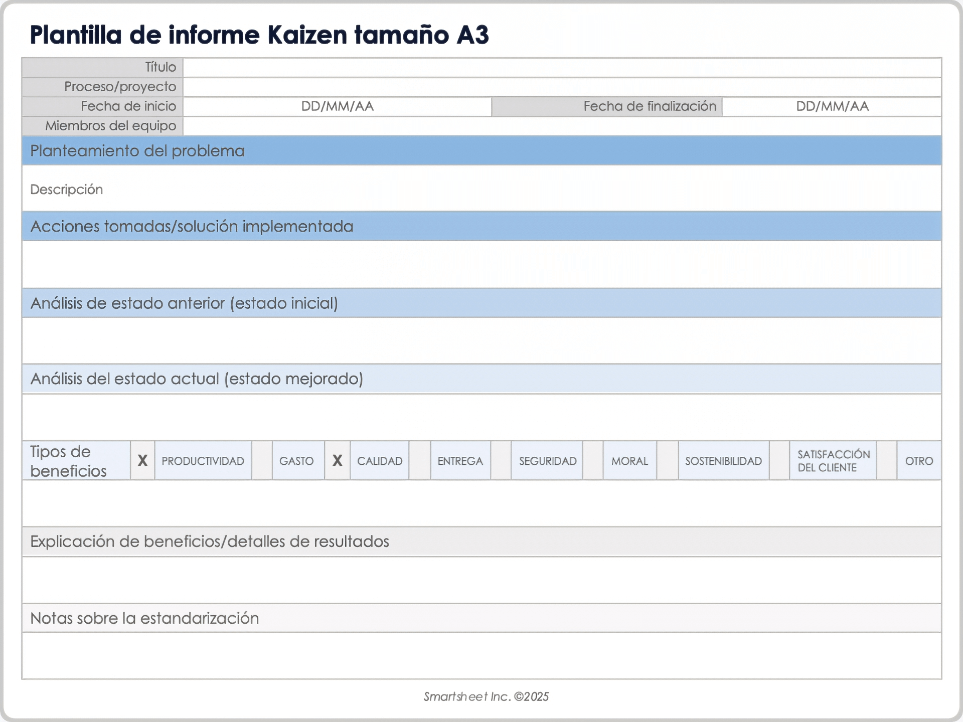 Plantilla de informe Kaizen tamaño A3