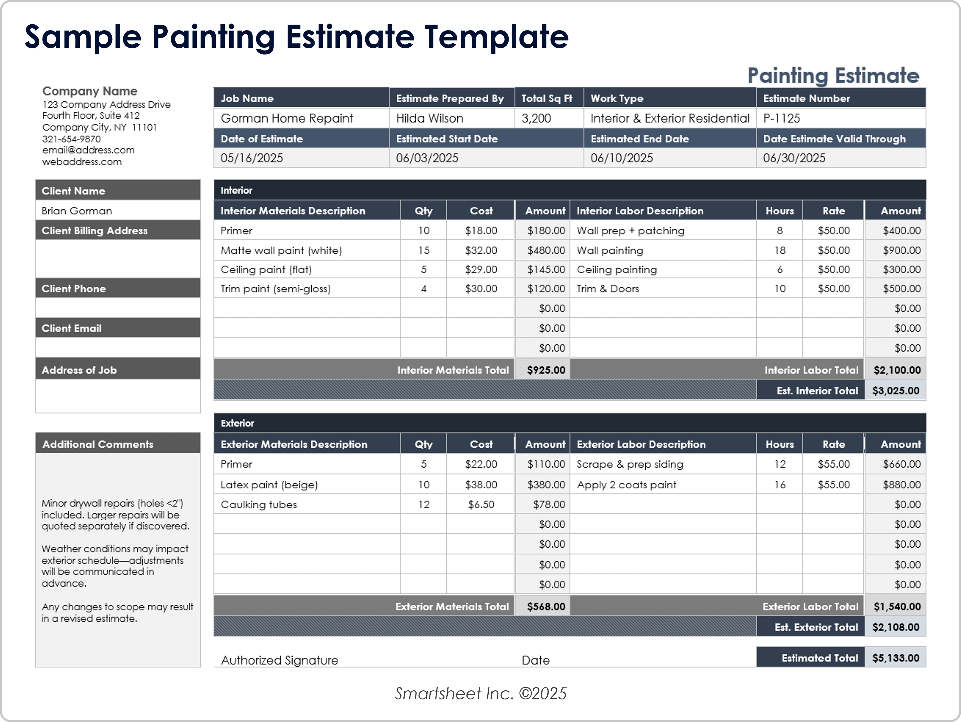 Plantilla de estimación de pintura de muestra