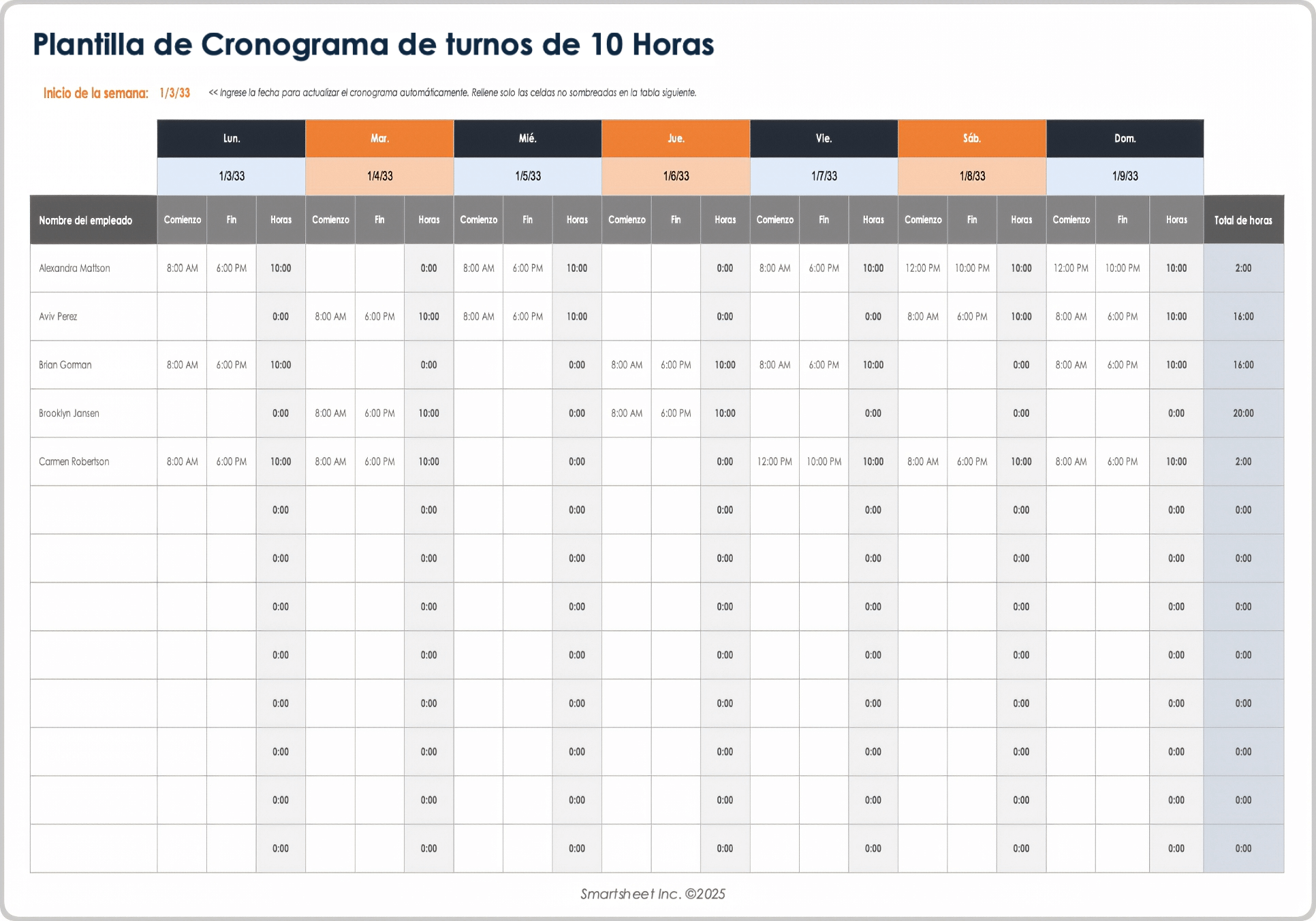Plantilla de cronograma de turnos de 10 horas