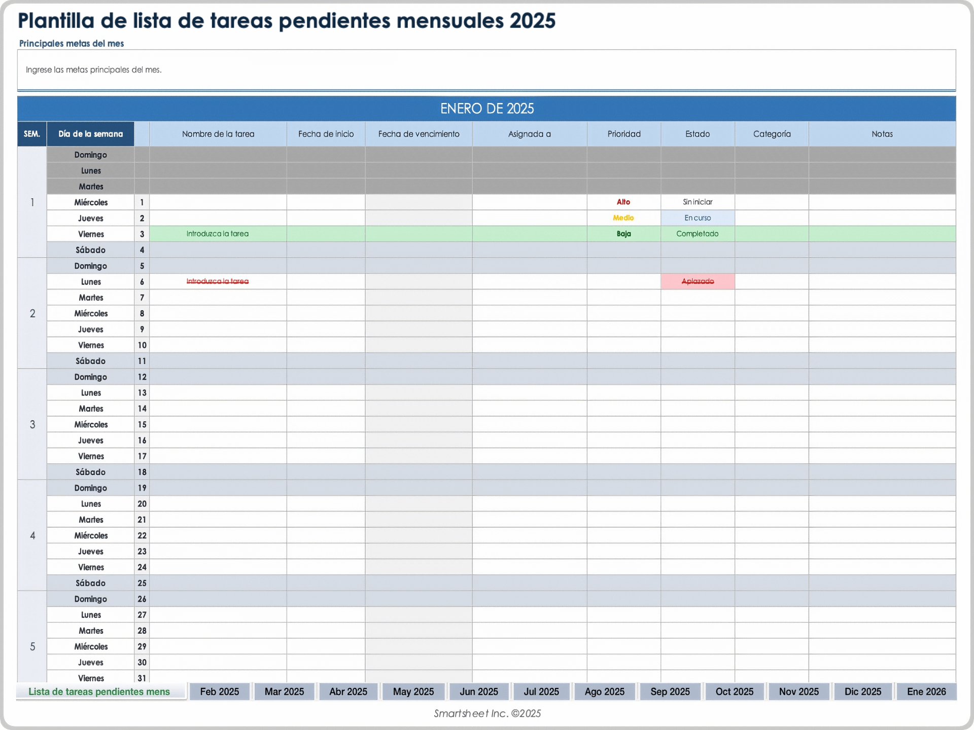 Plantilla de lista de tareas pendientes mensuales 2025