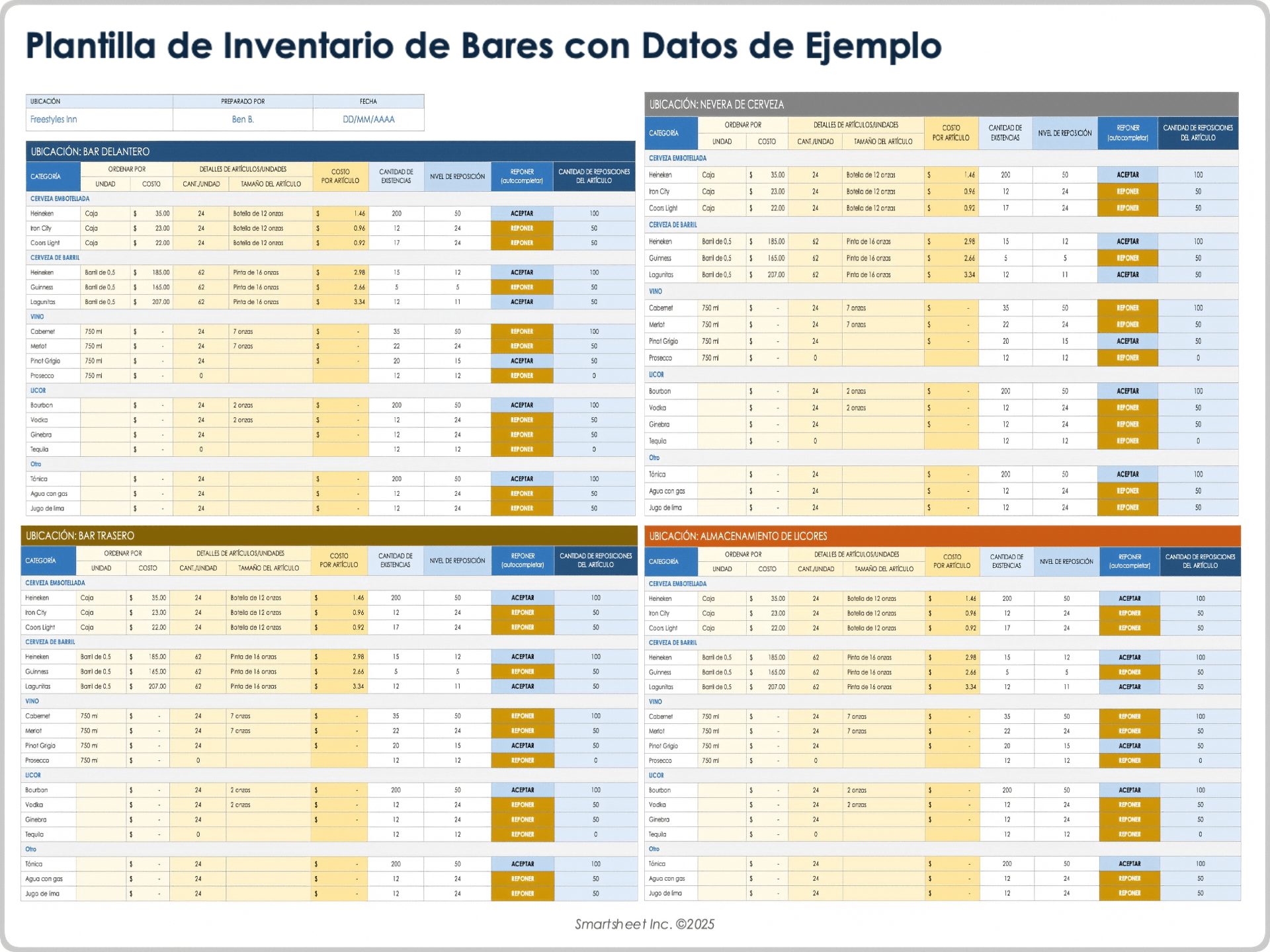  Plantilla de inventario de barra con datos de muestra