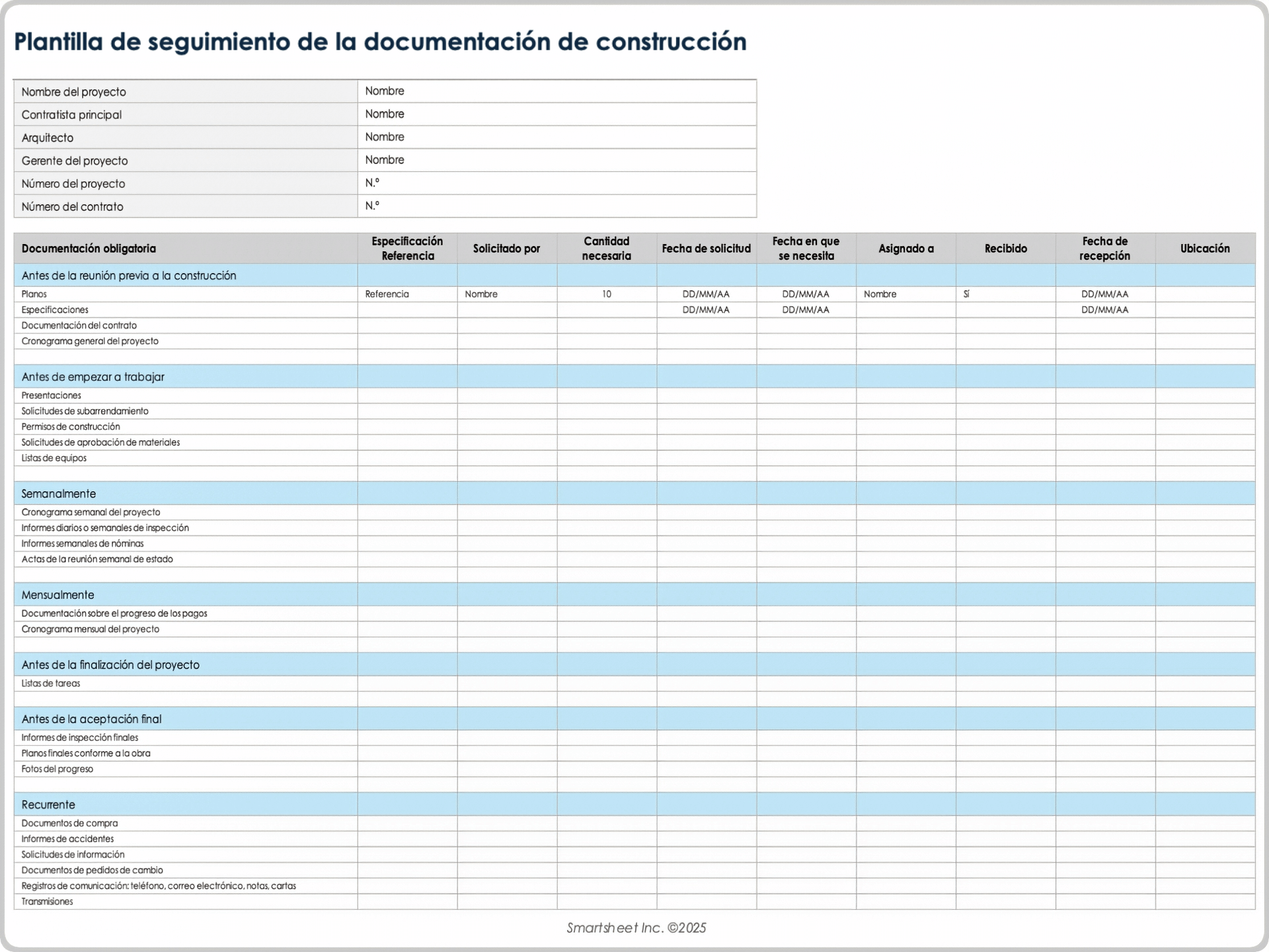 Plantilla de seguimiento de la documentación de construcción