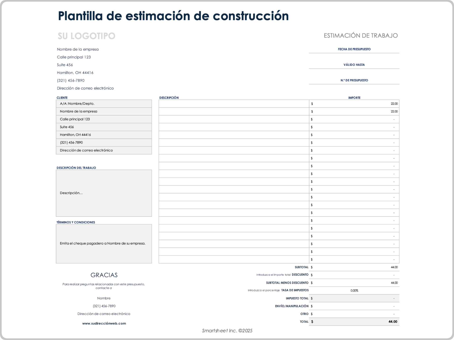 Plantilla de estimación de construcción
