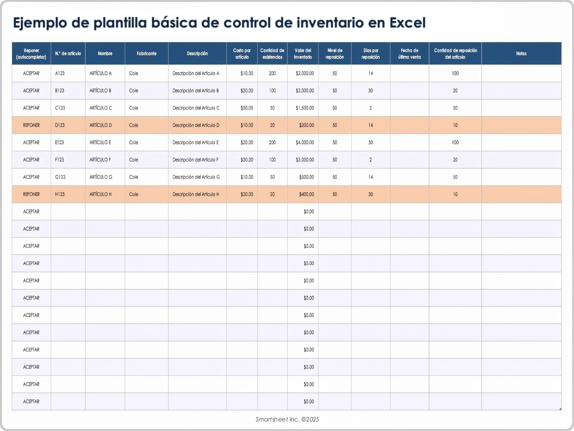  Ejemplo de plantilla de control de inventario básico de 