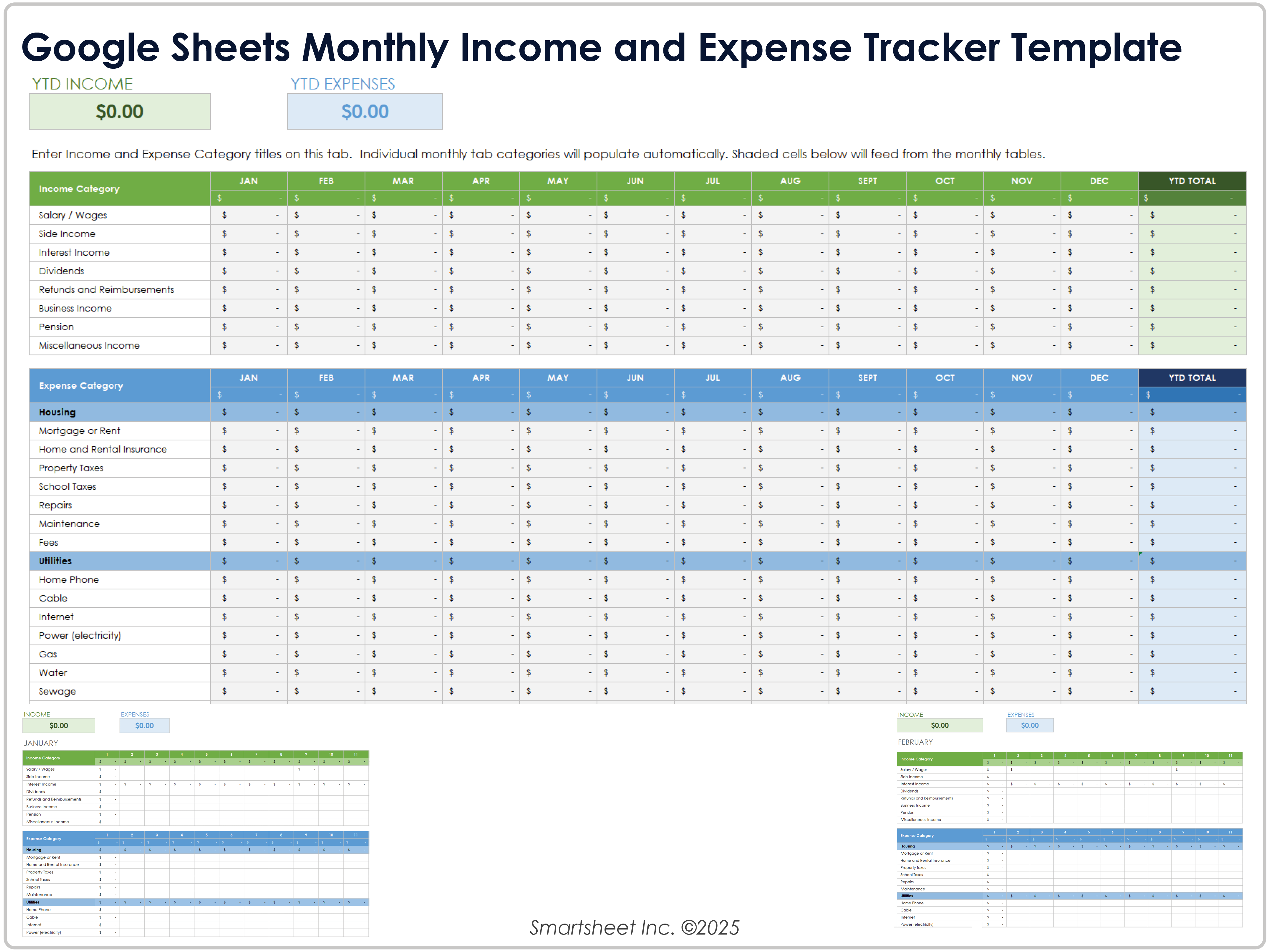 Plantilla de seguimiento de ingresos y gastos mensuales de Google Sheets