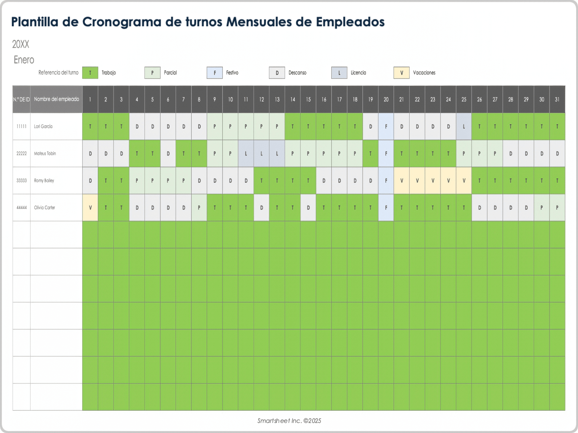 Plantilla mensual de cronograma de turnos de empleados