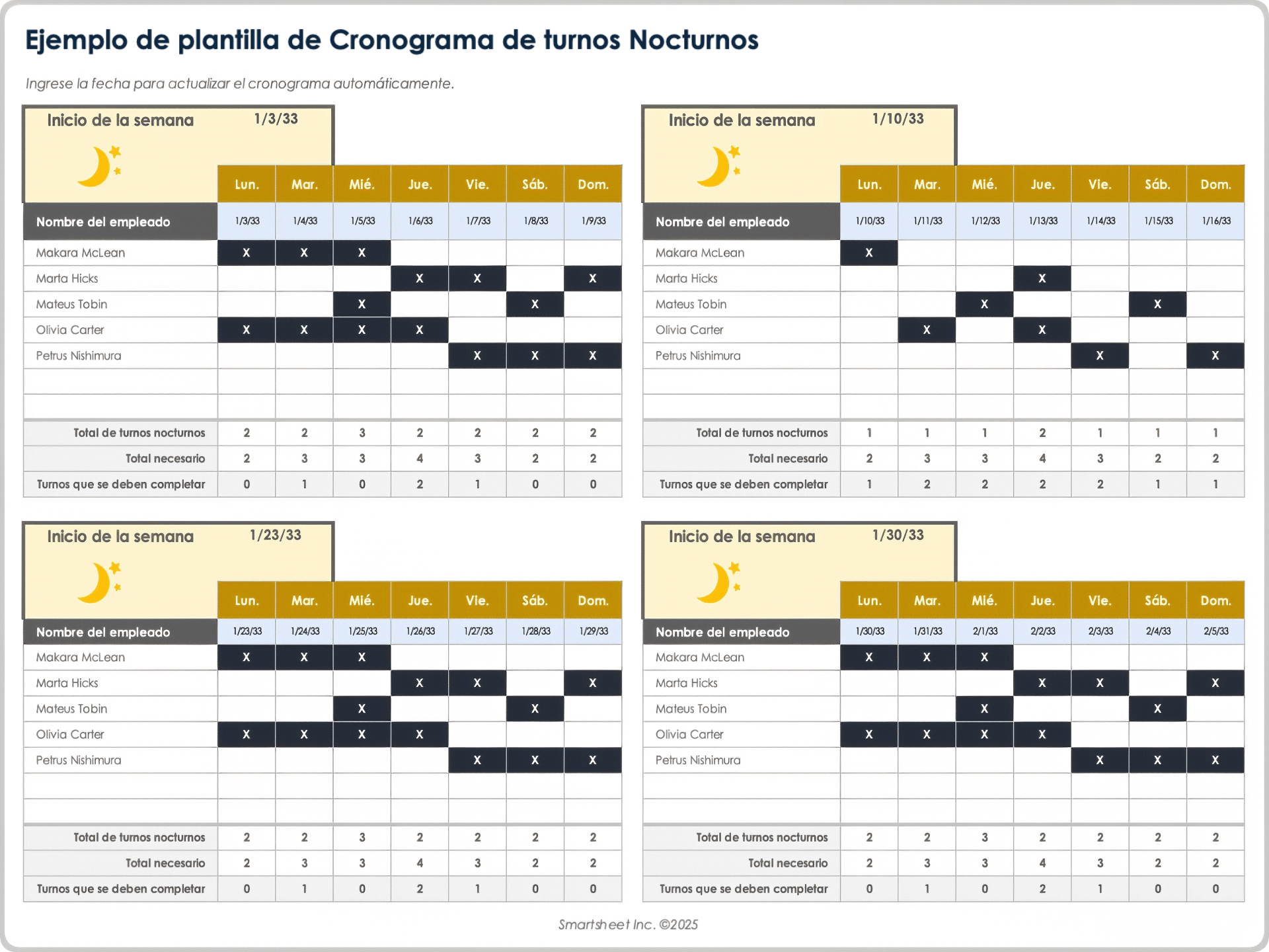 Plantilla de cronograma de turnos nocturnos