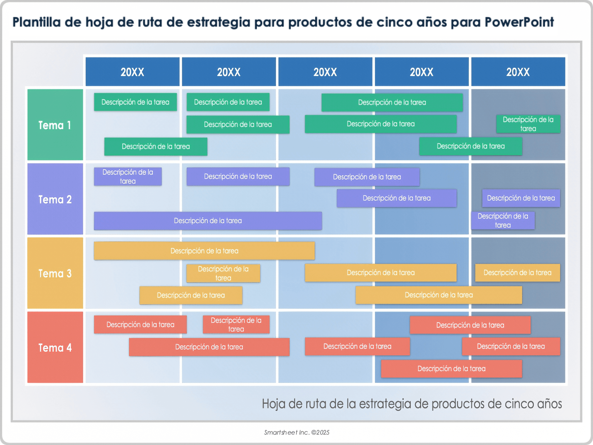 Plantilla de hoja de ruta de estrategia para productos de cinco años para PowerPoint