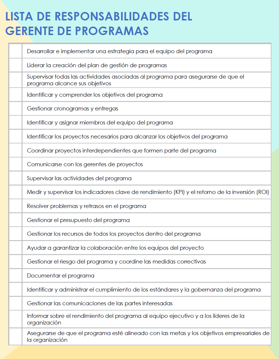 Lista de responsabilidades del gerente de programa