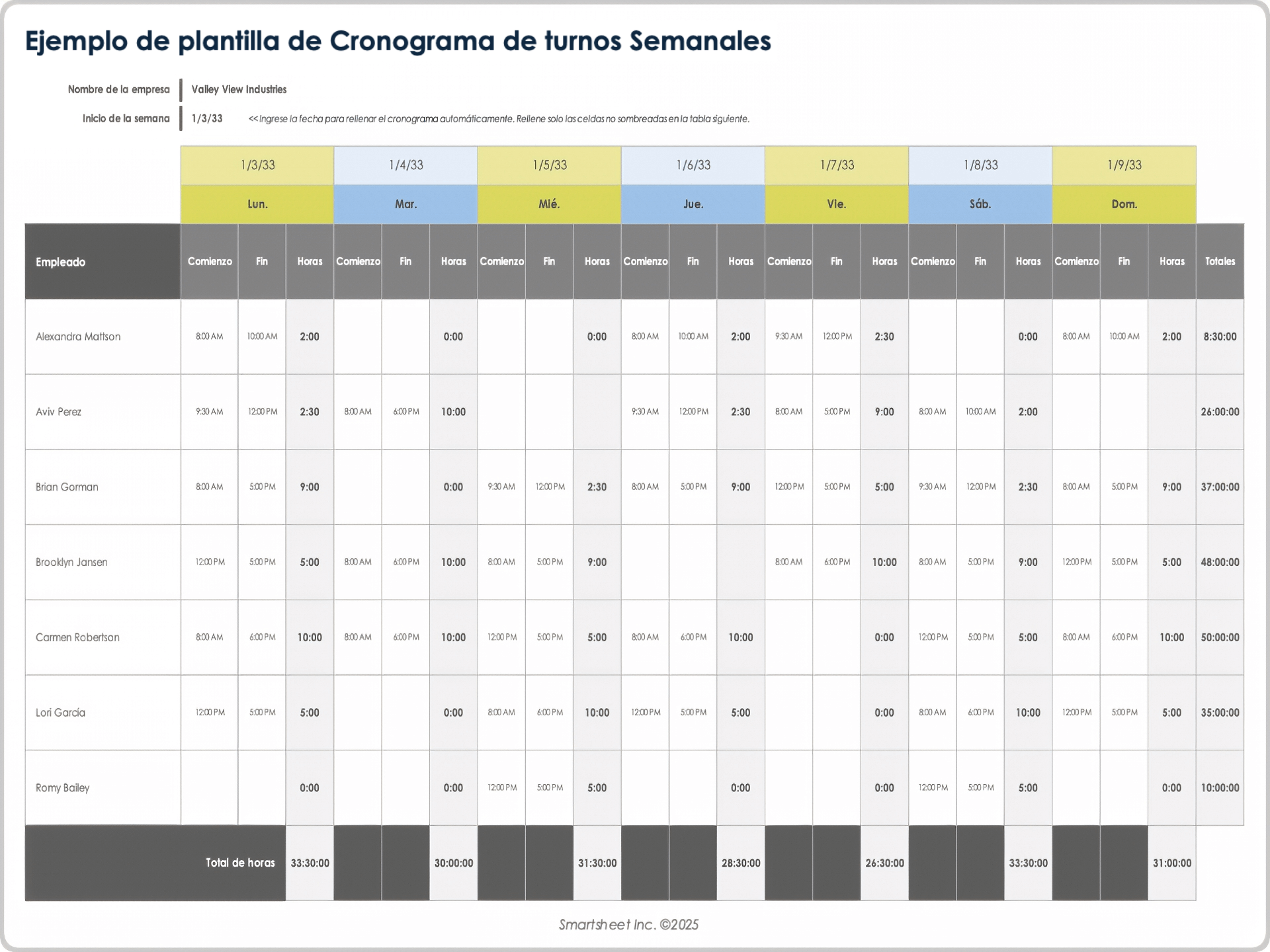 Plantilla de cronograma de turnos semanal