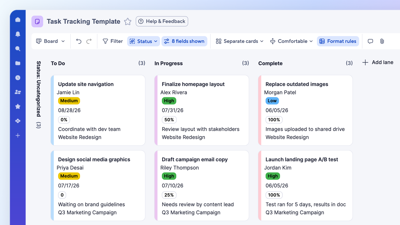 gestión de tareas mediante la vista de tablero de Smartsheet