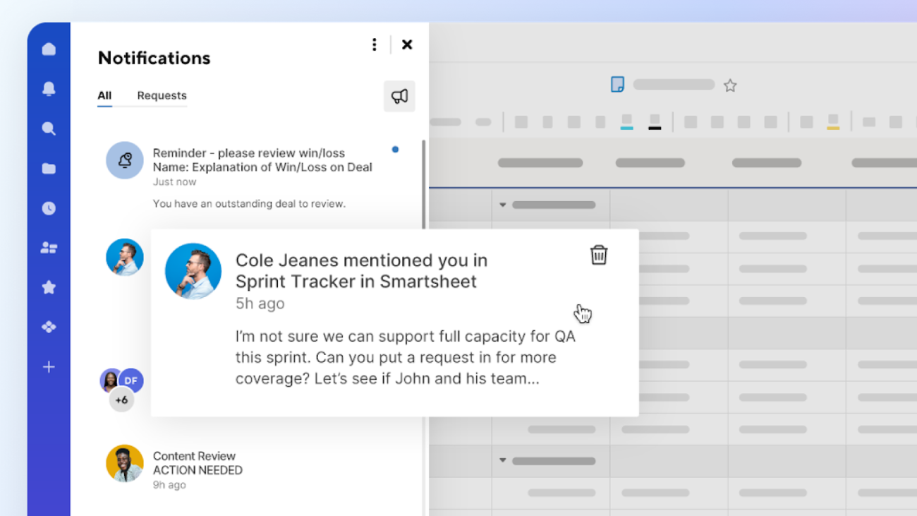 Panel de notificaciones de Smartsheet