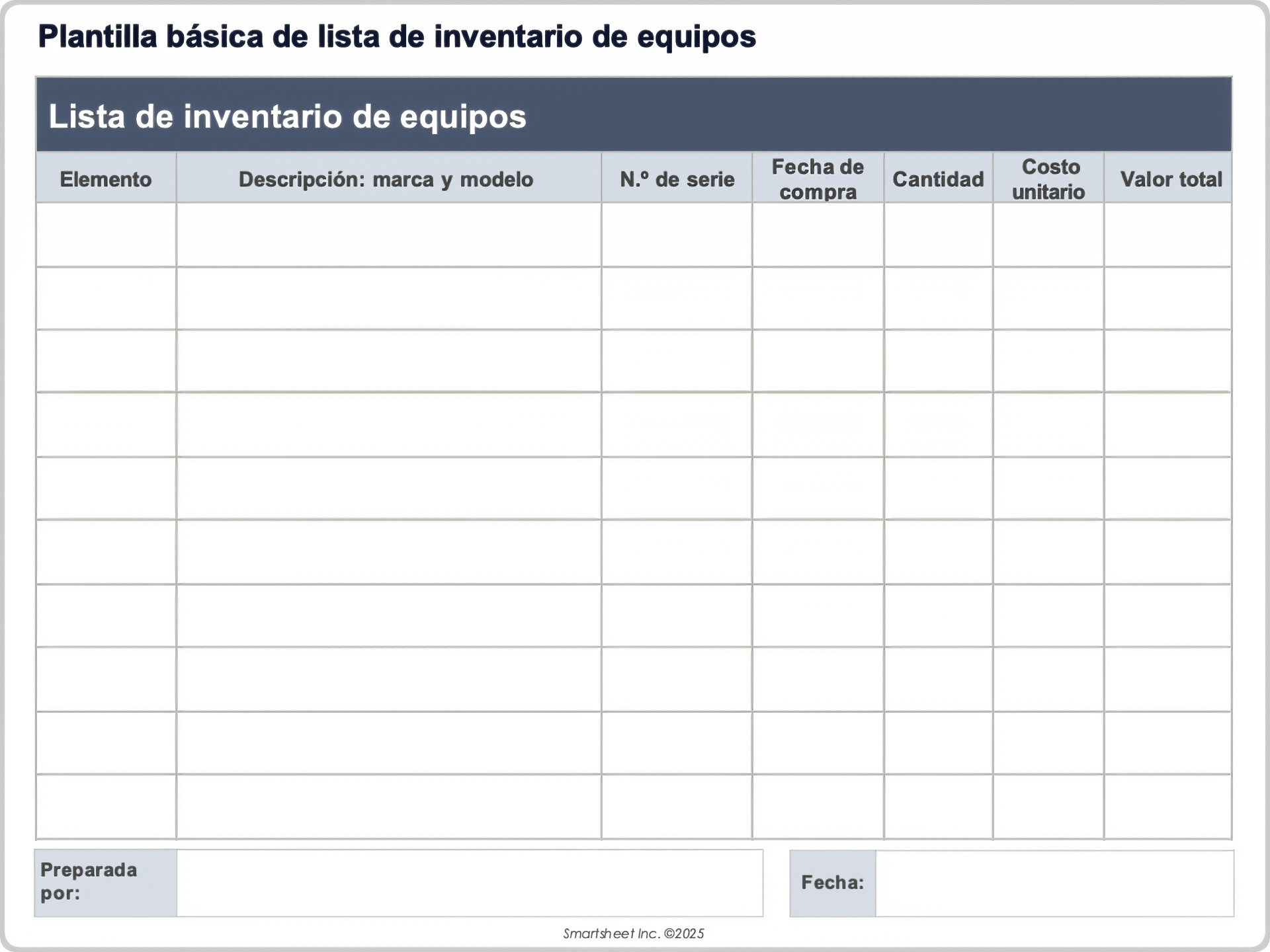 Plantilla básica de lista de inventario de equipos