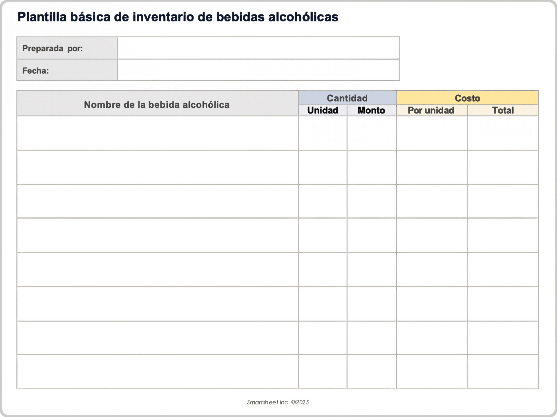 Plantilla básica de inventario de bebidas alcohólicas