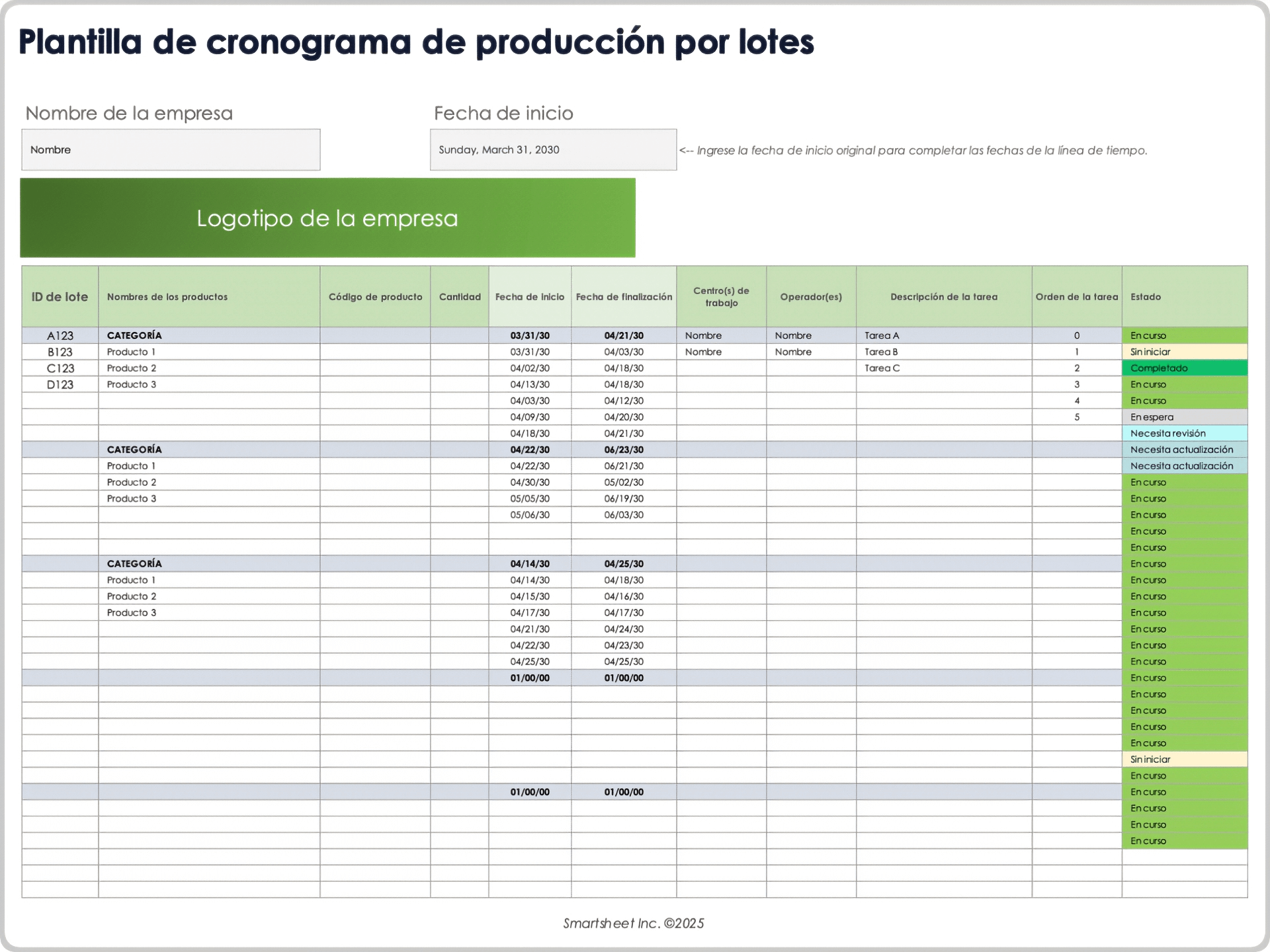 Plantilla de cronograma de producción por lotes