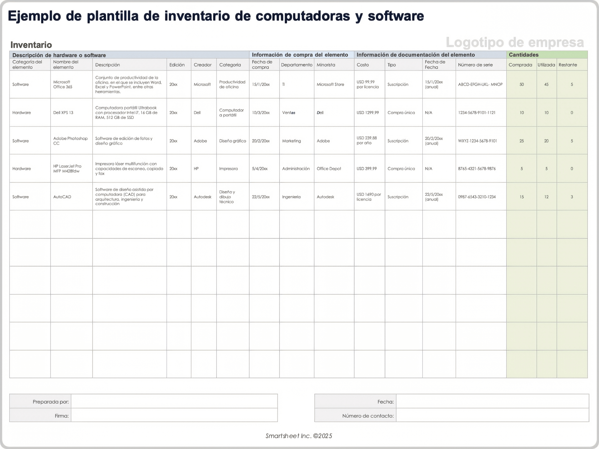 Ejemplo de plantilla de inventario de computadoras y software