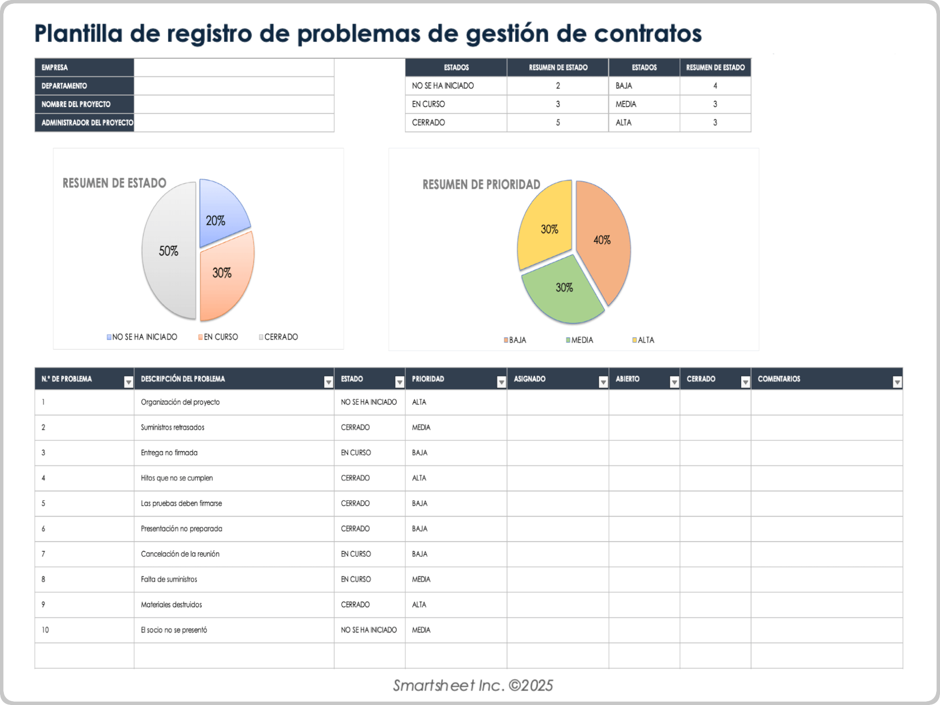 Plantilla de registro de problemas en la gestión de contratos