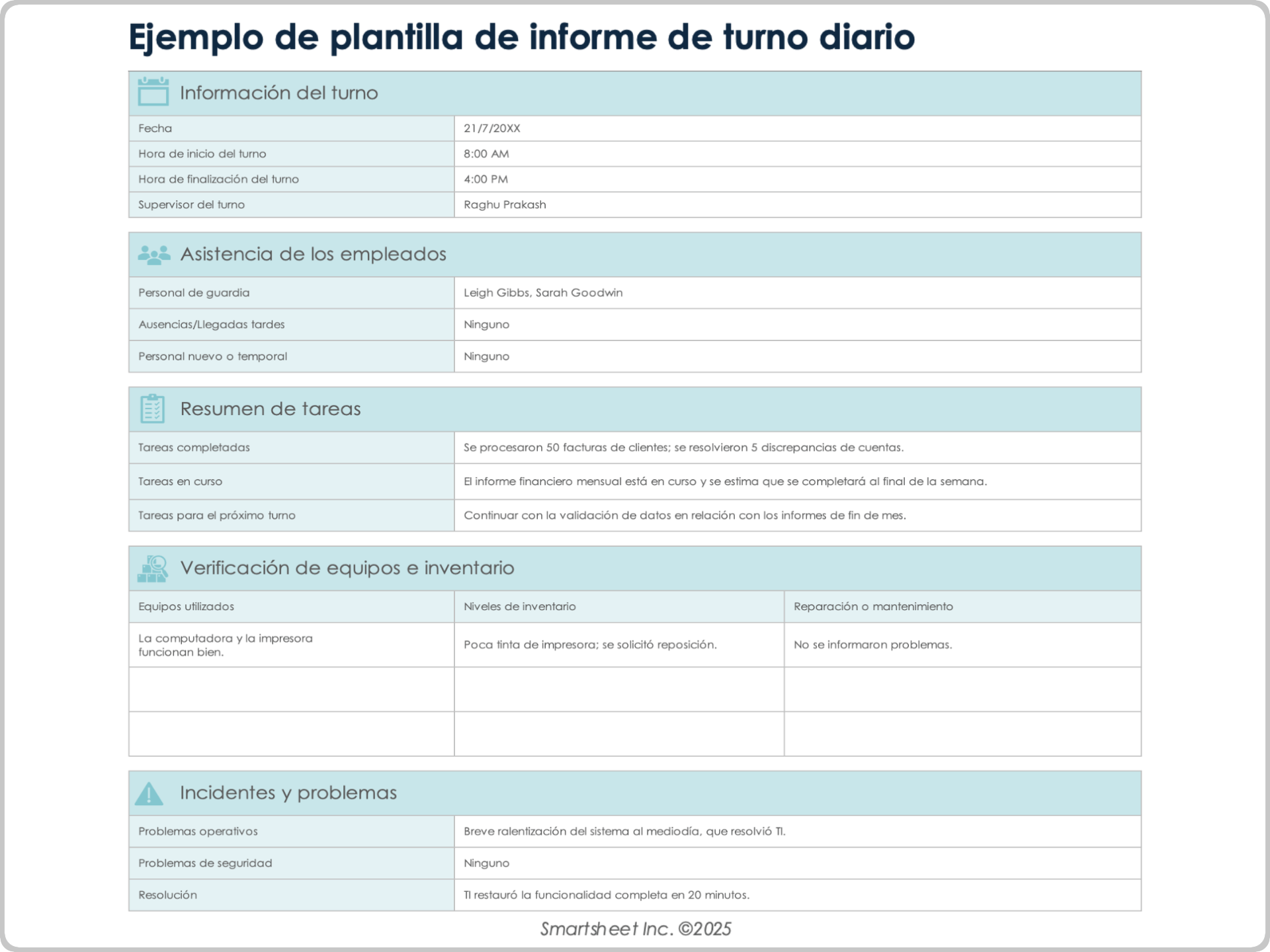 Plantilla de informe de turnos diarios