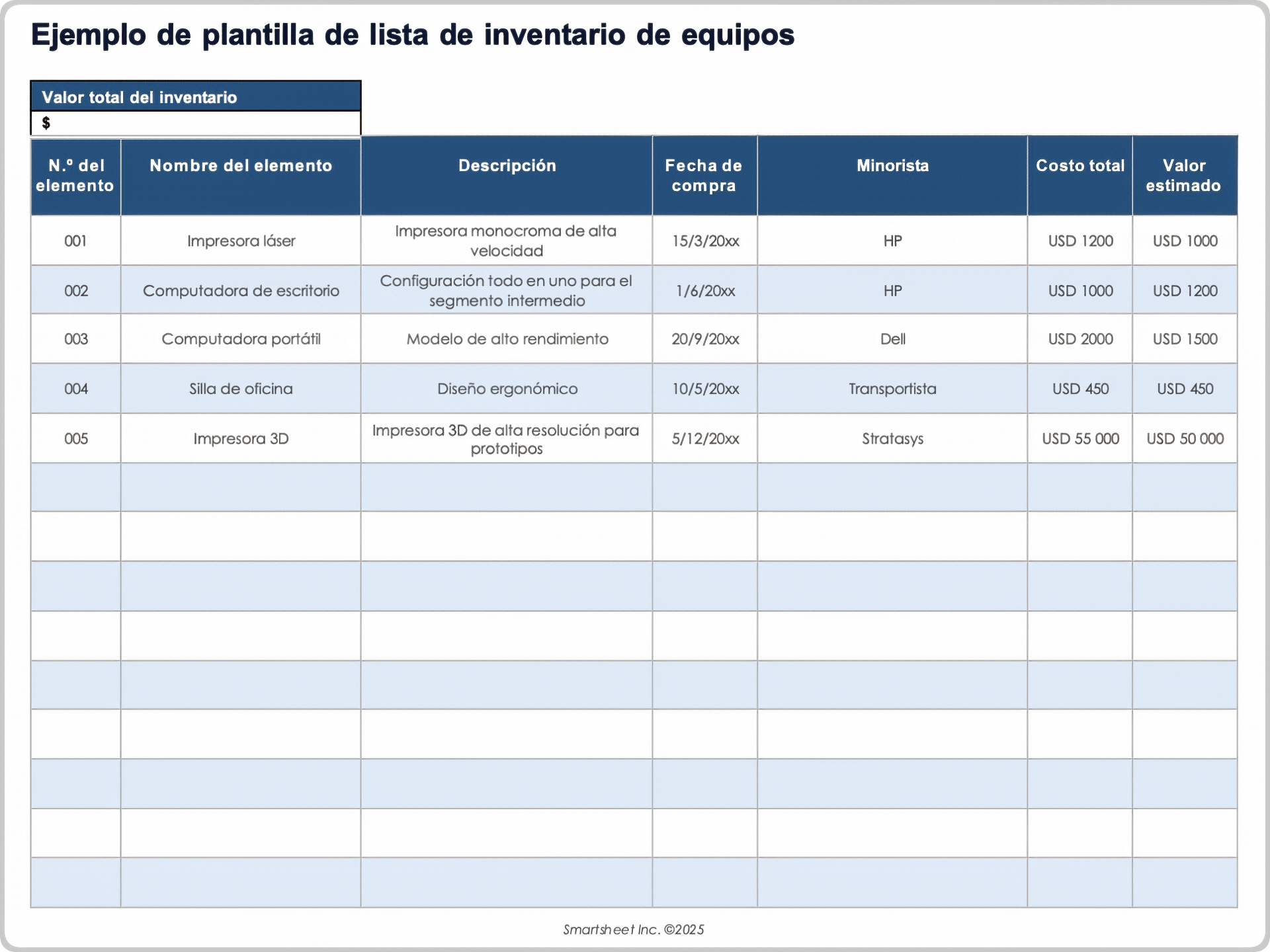 Plantilla de lista de inventario de equipos