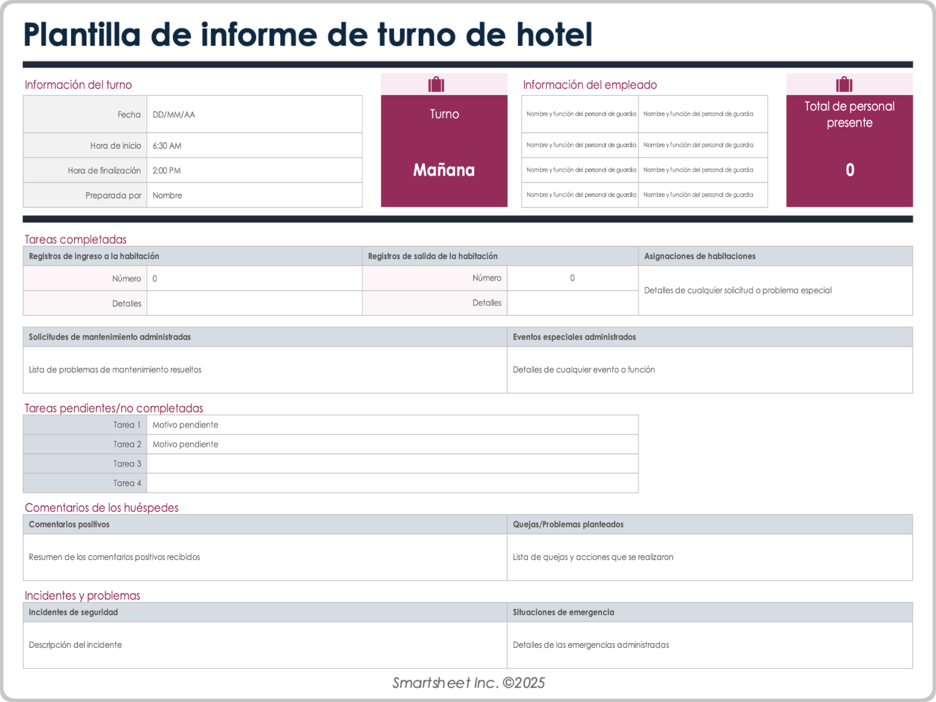 Plantilla de informe de turnos de hotel