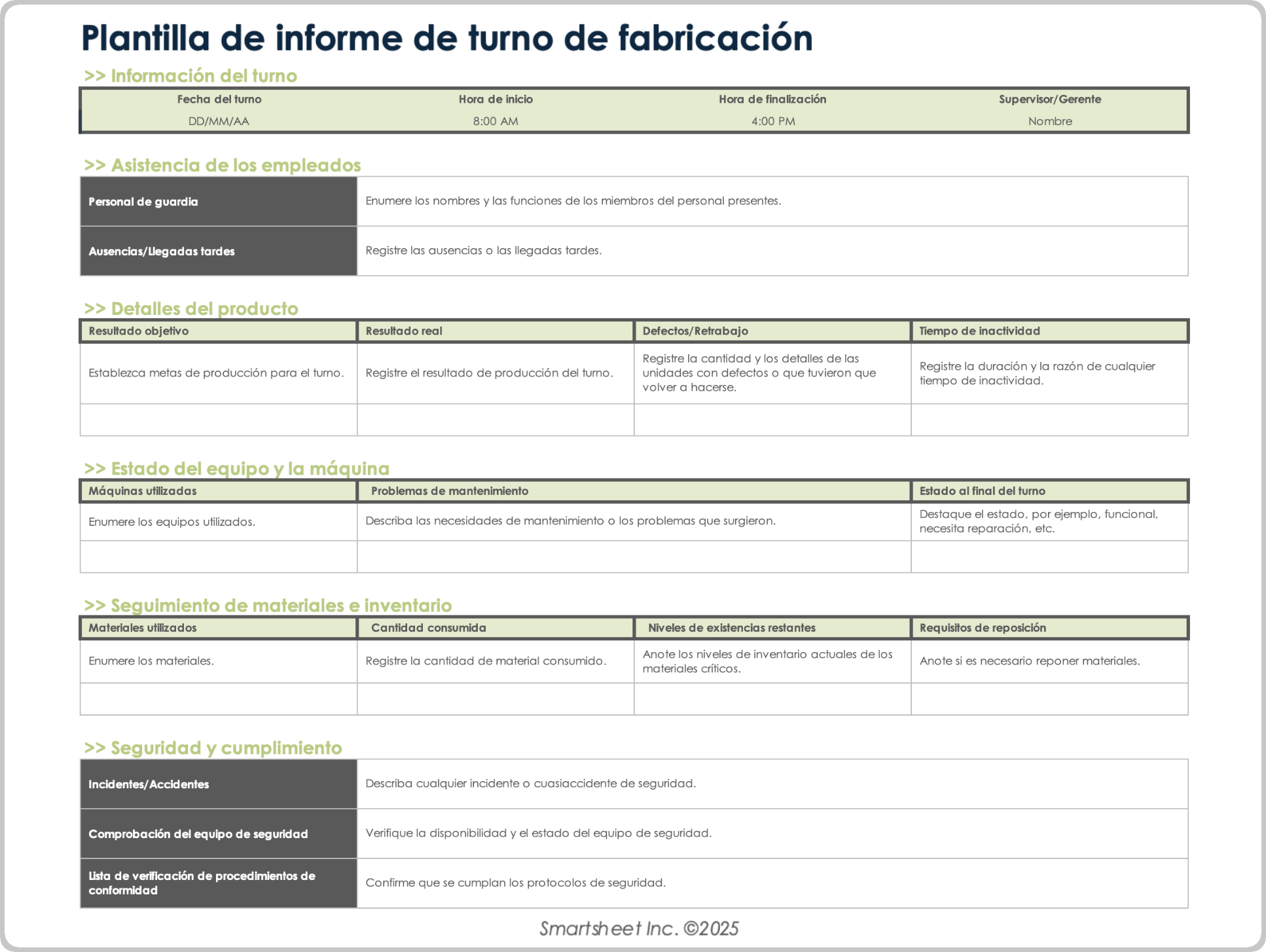 Plantilla de informe de turnos de fabricación