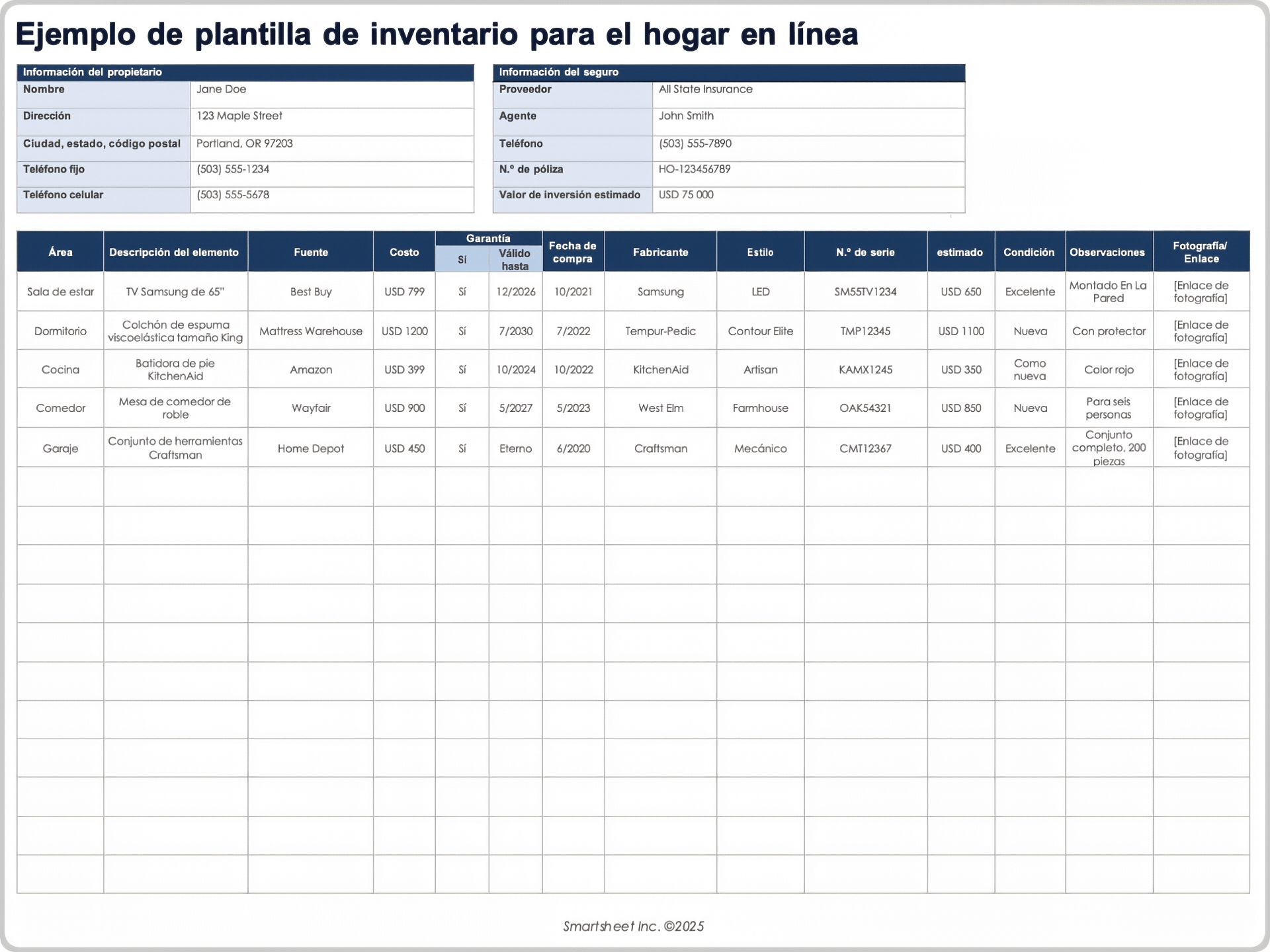 Plantilla de inventario para el hogar en línea