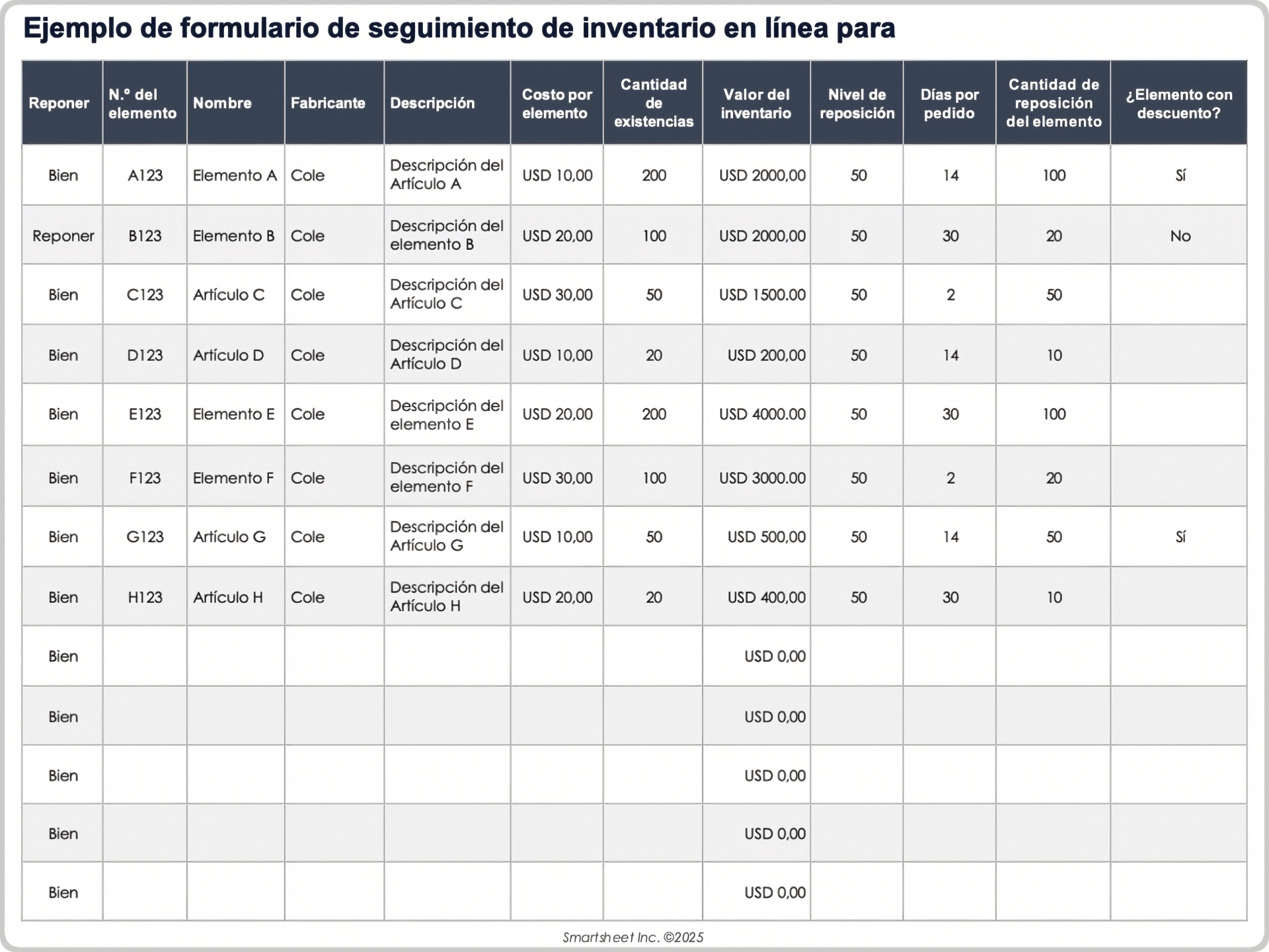 Formulario de seguimiento de inventario en línea