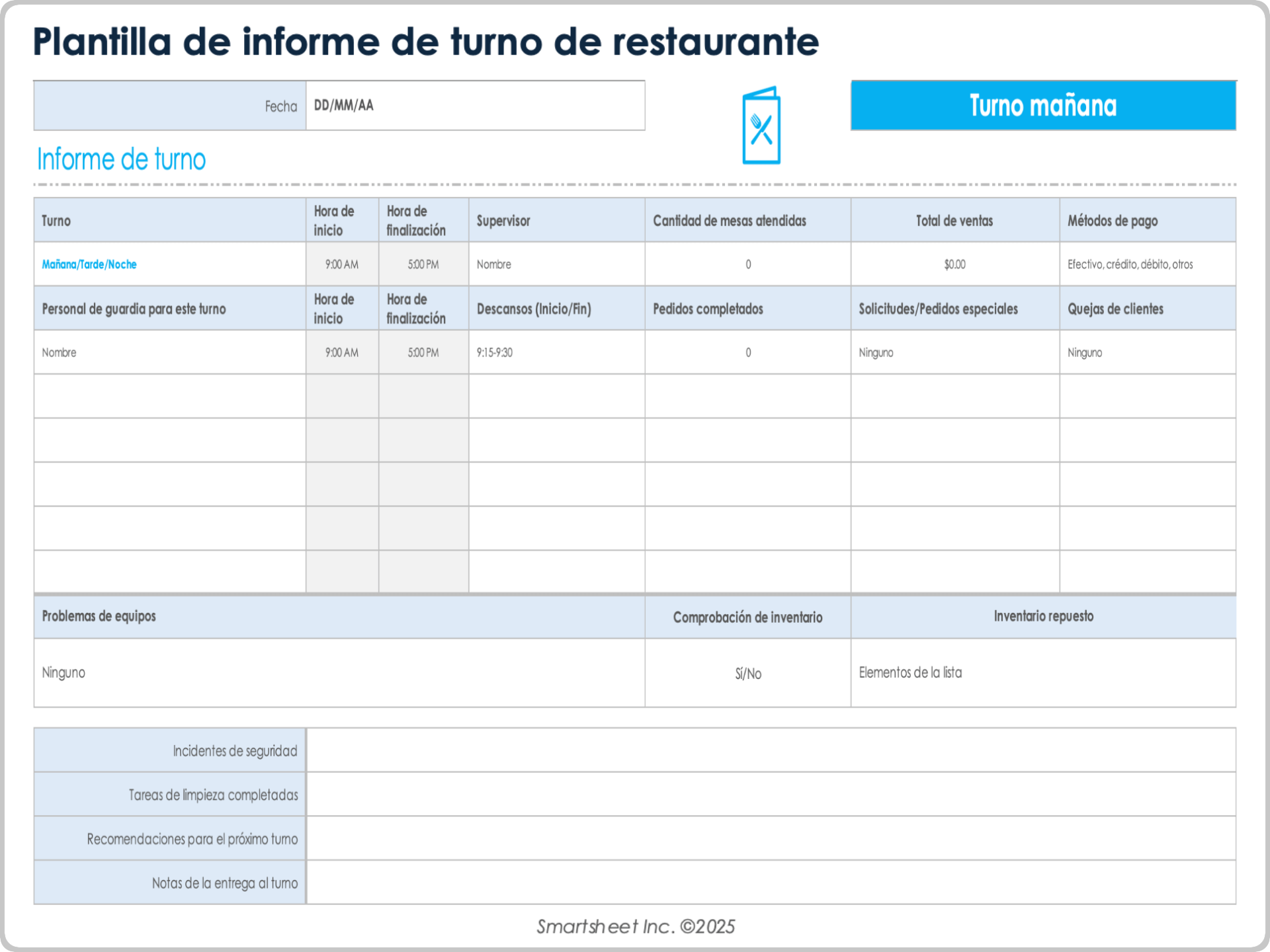Plantilla de informe de turnos de restaurante