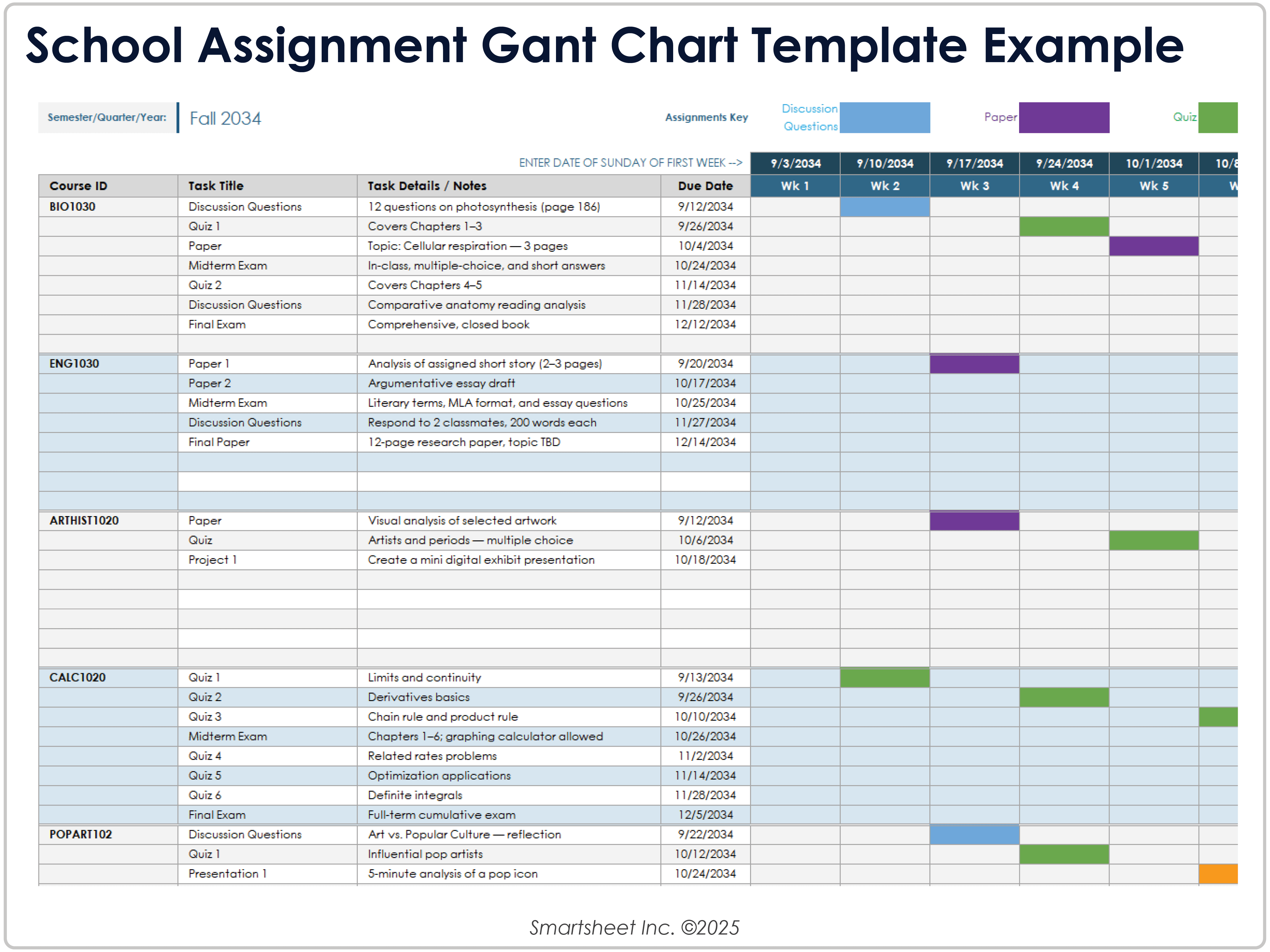 School Assignment Gantt Chart Template Example