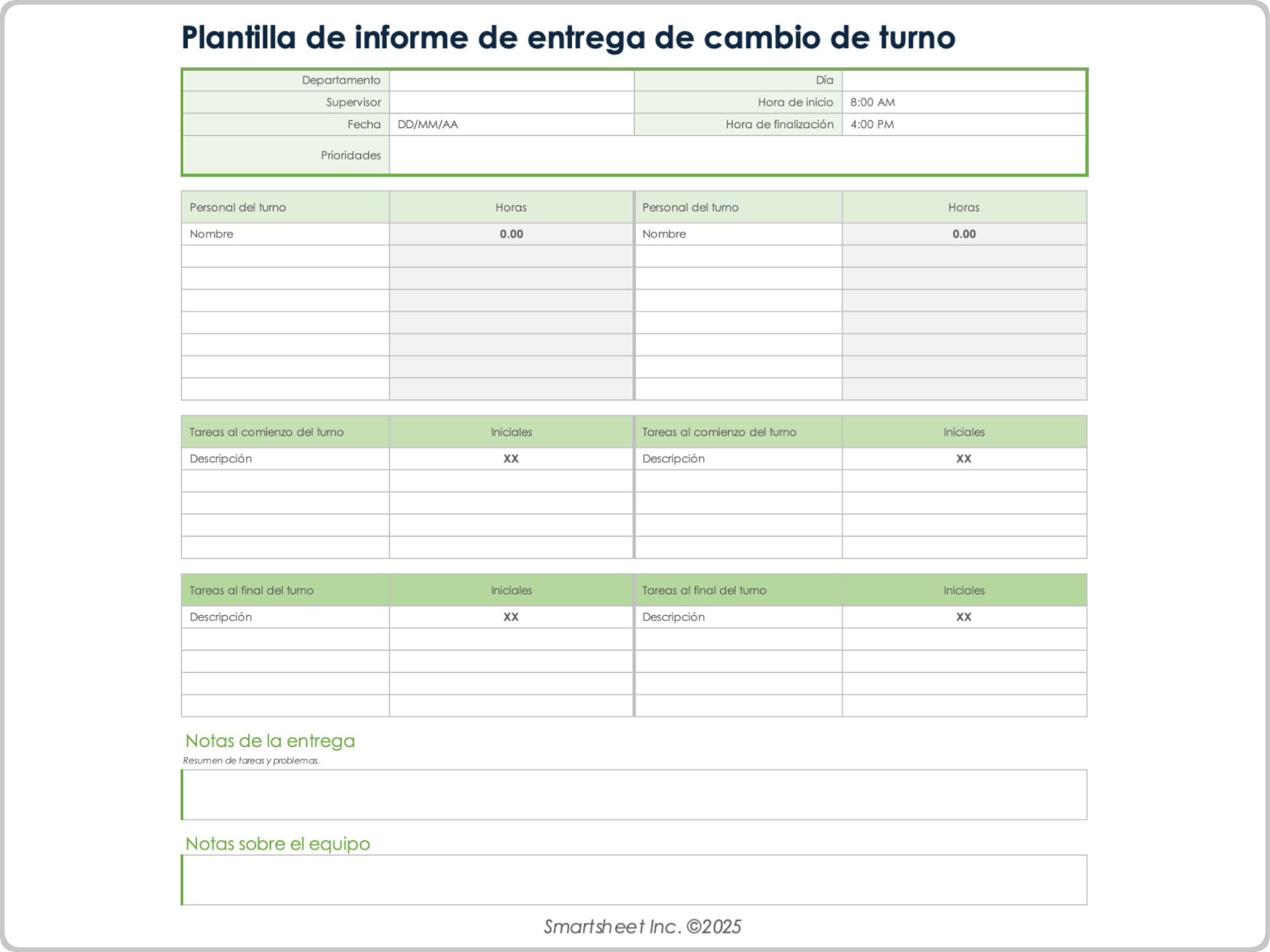 Plantilla de informe de entrega de cambios de turnos