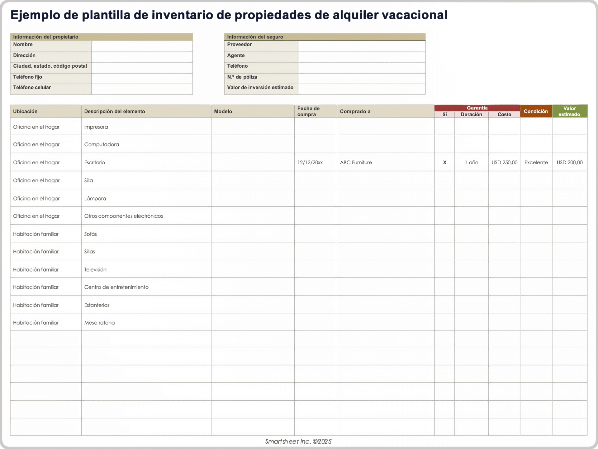 Plantilla de inventario de propiedades de alquiler vacacional