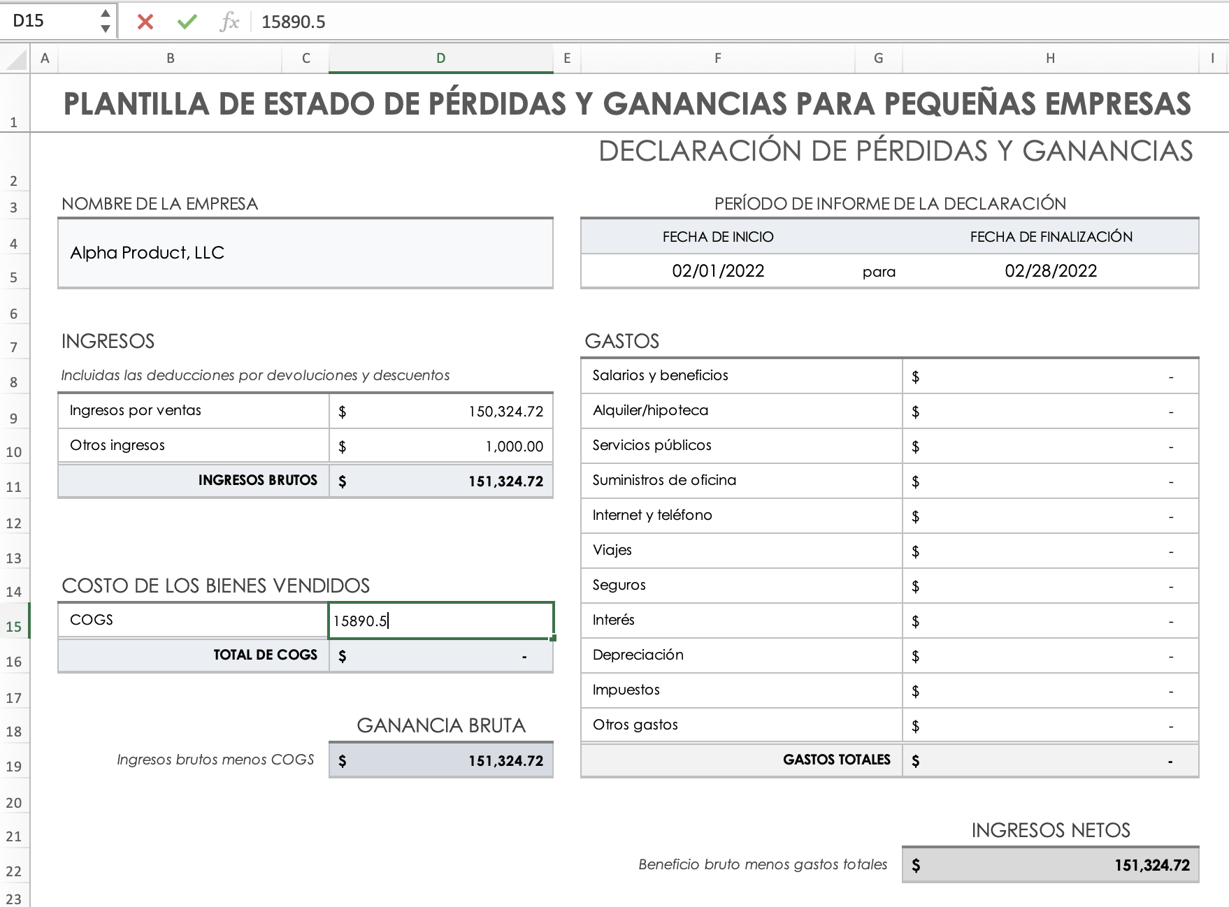 Ingresar Costo de bienes vendidos