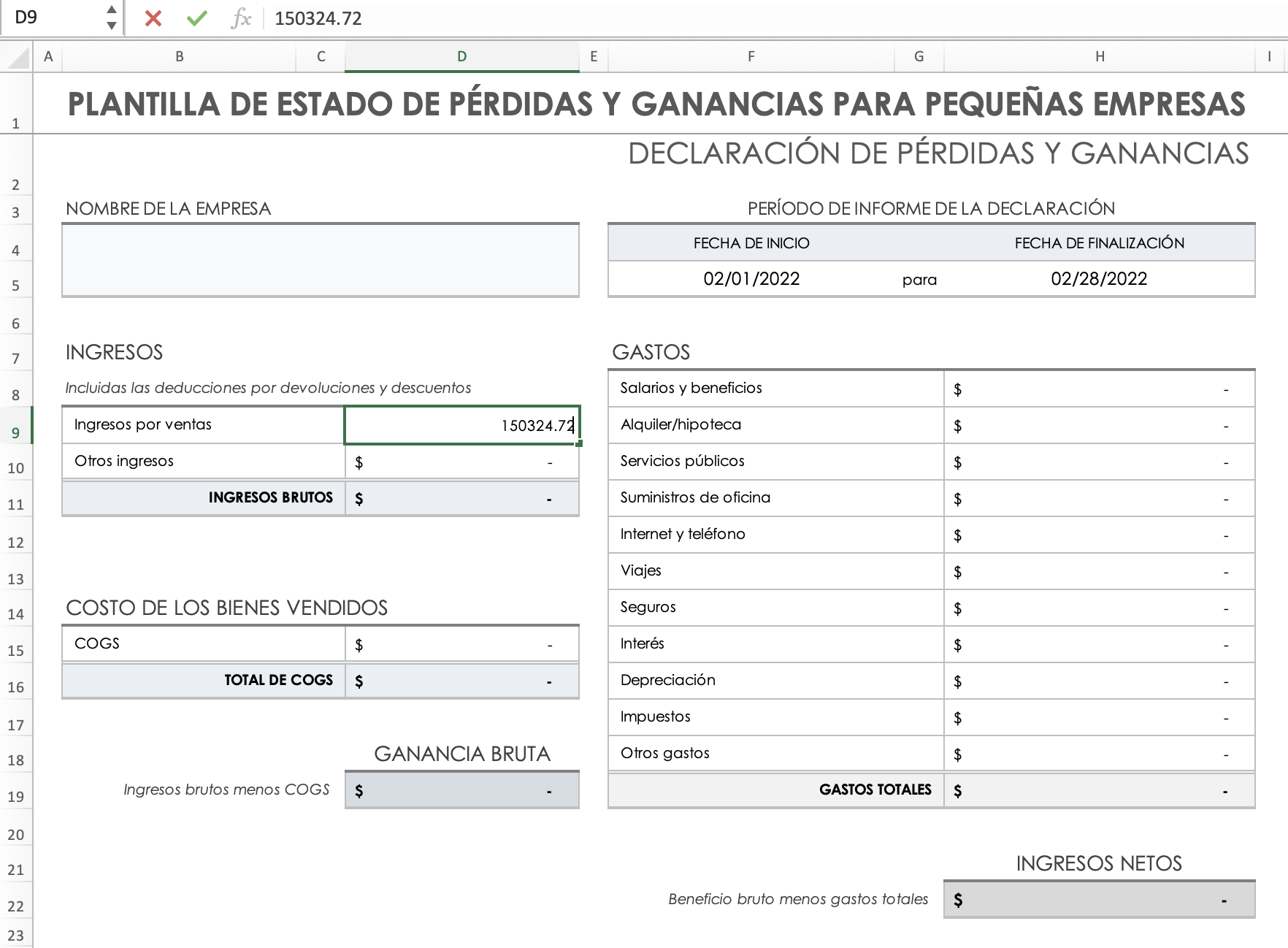 Introducir Ingresos por ventas en Excel