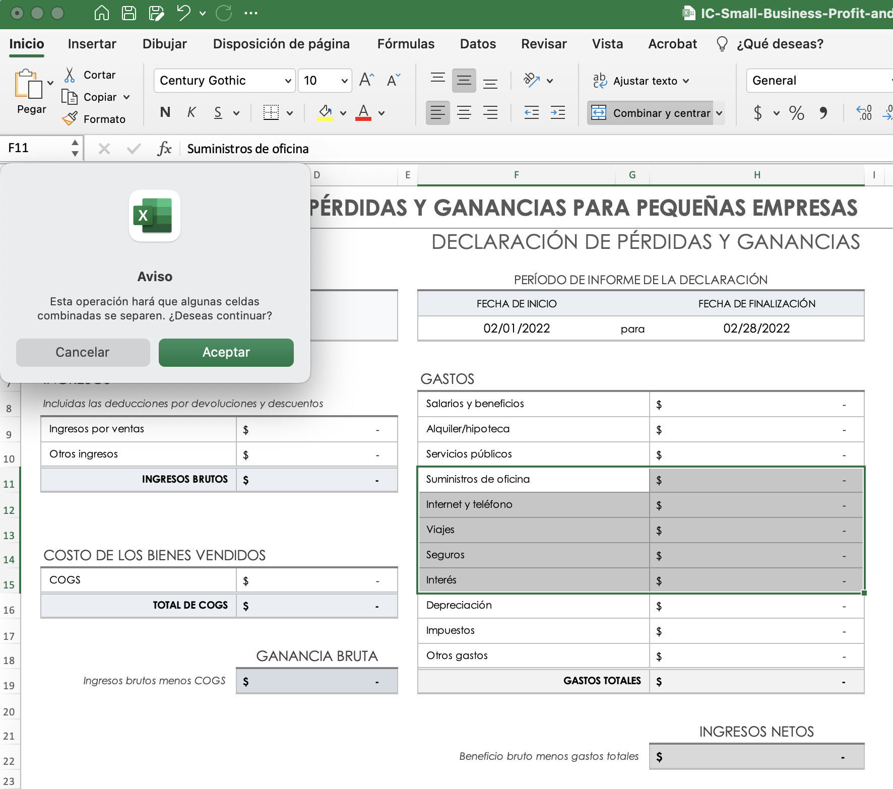 Gastos Eliminar Menú de alertas