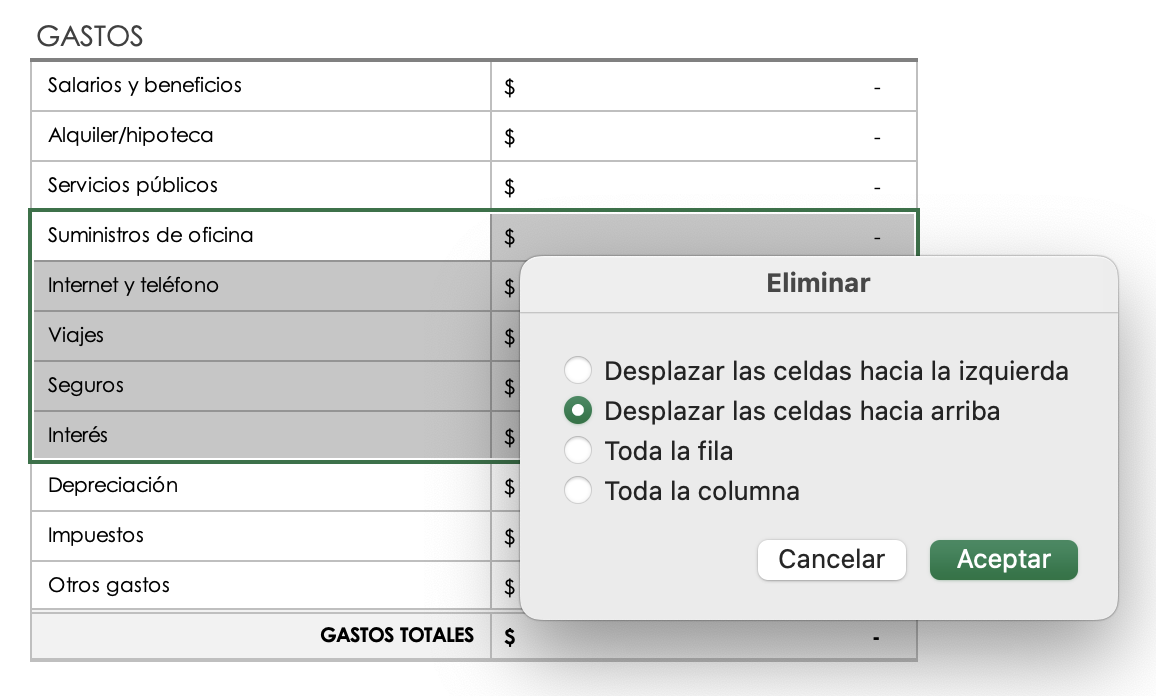 Gastos Eliminar Desplazar celdas hacia arriba