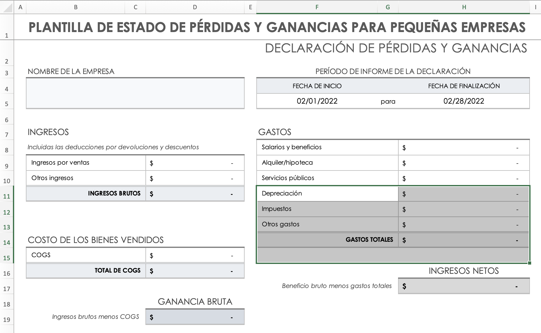 Gastos Celdas eliminadas Desplazar hacia arriba