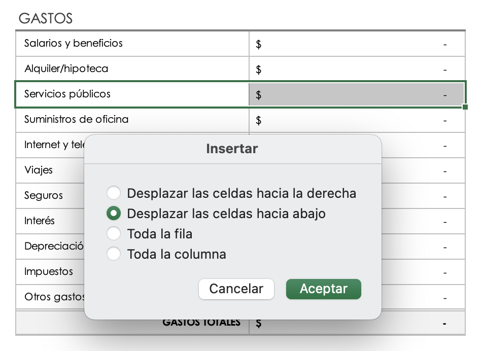 Gastos Desplazar celdas hacia abajo