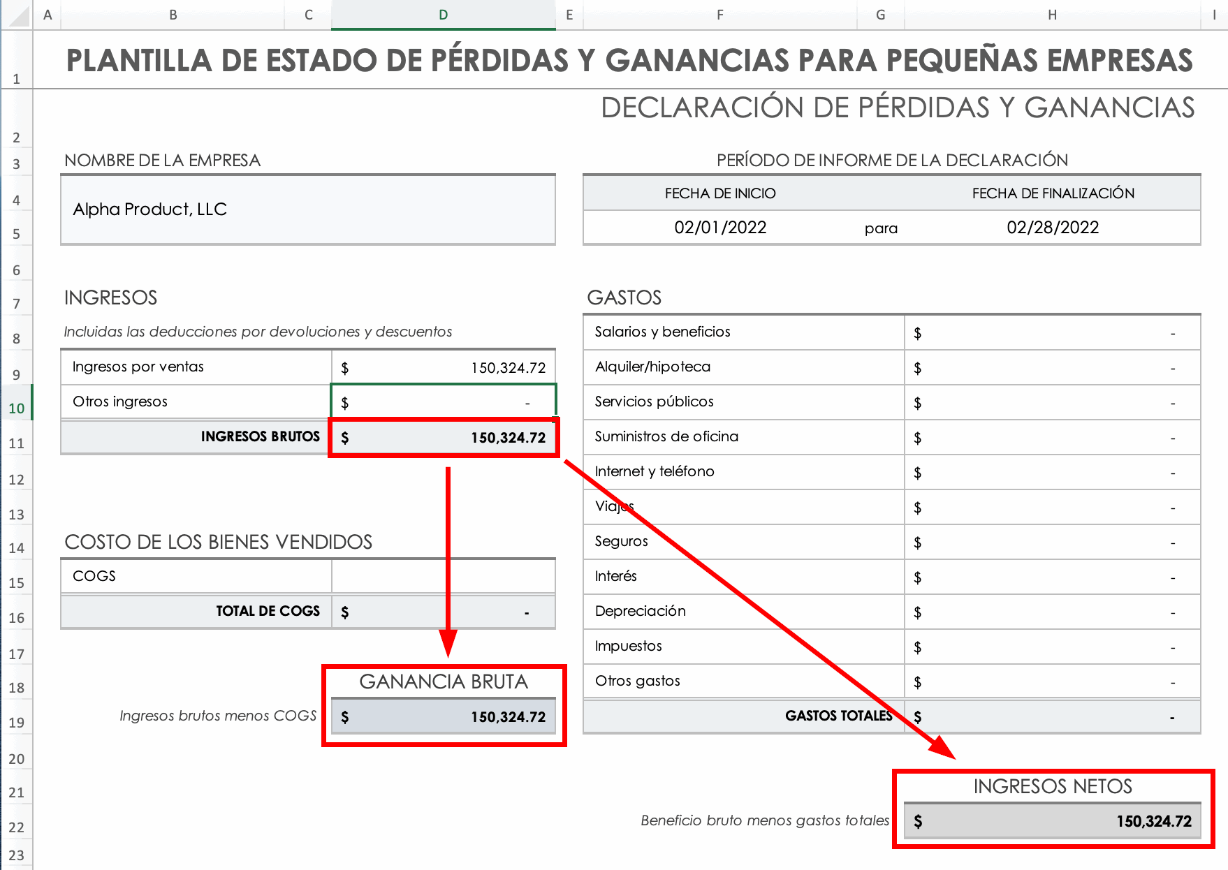 Rellenado de celdas de Ganancia bruta e Ingresos netos