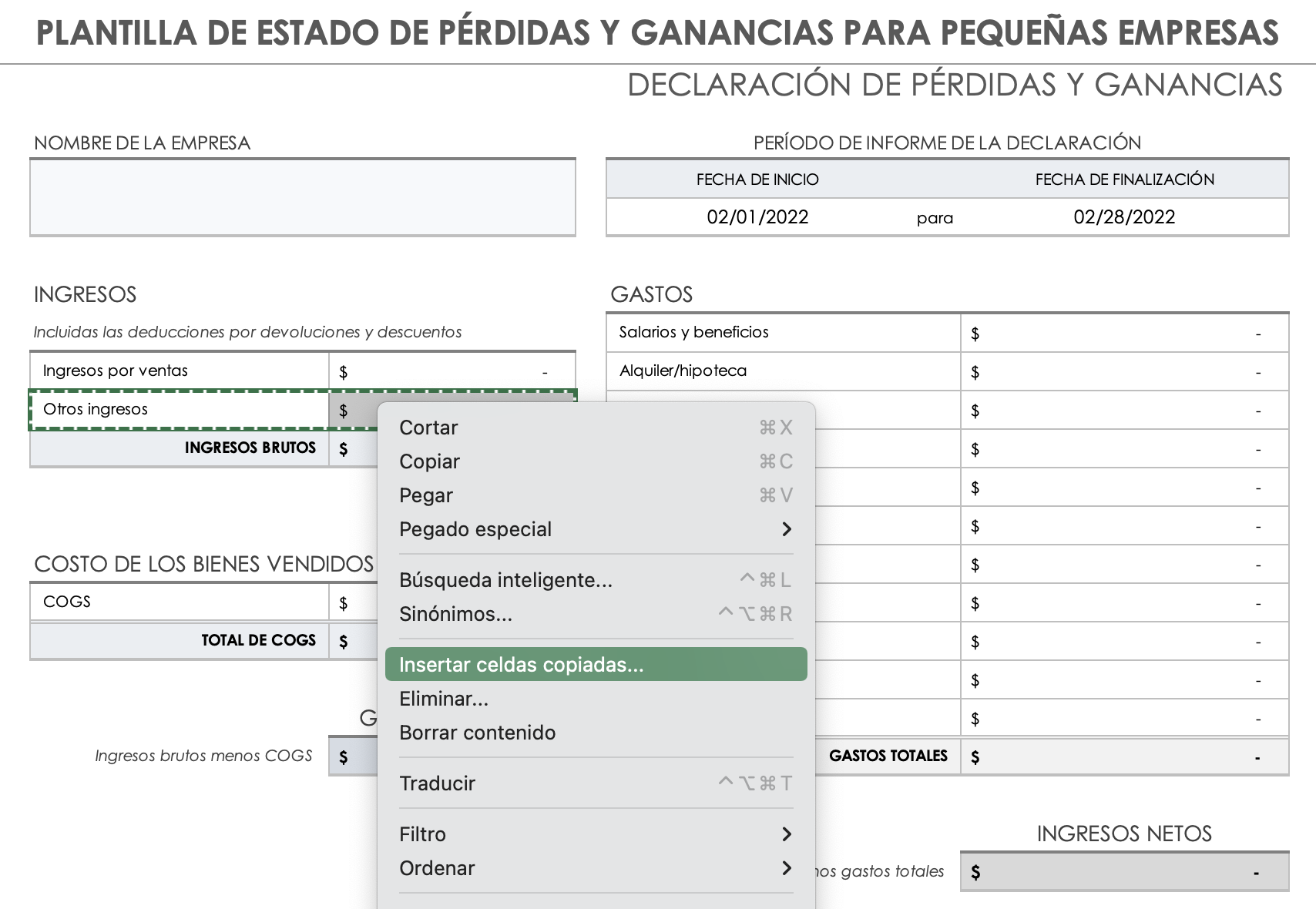 Ingresos Insertar celdas copiadas