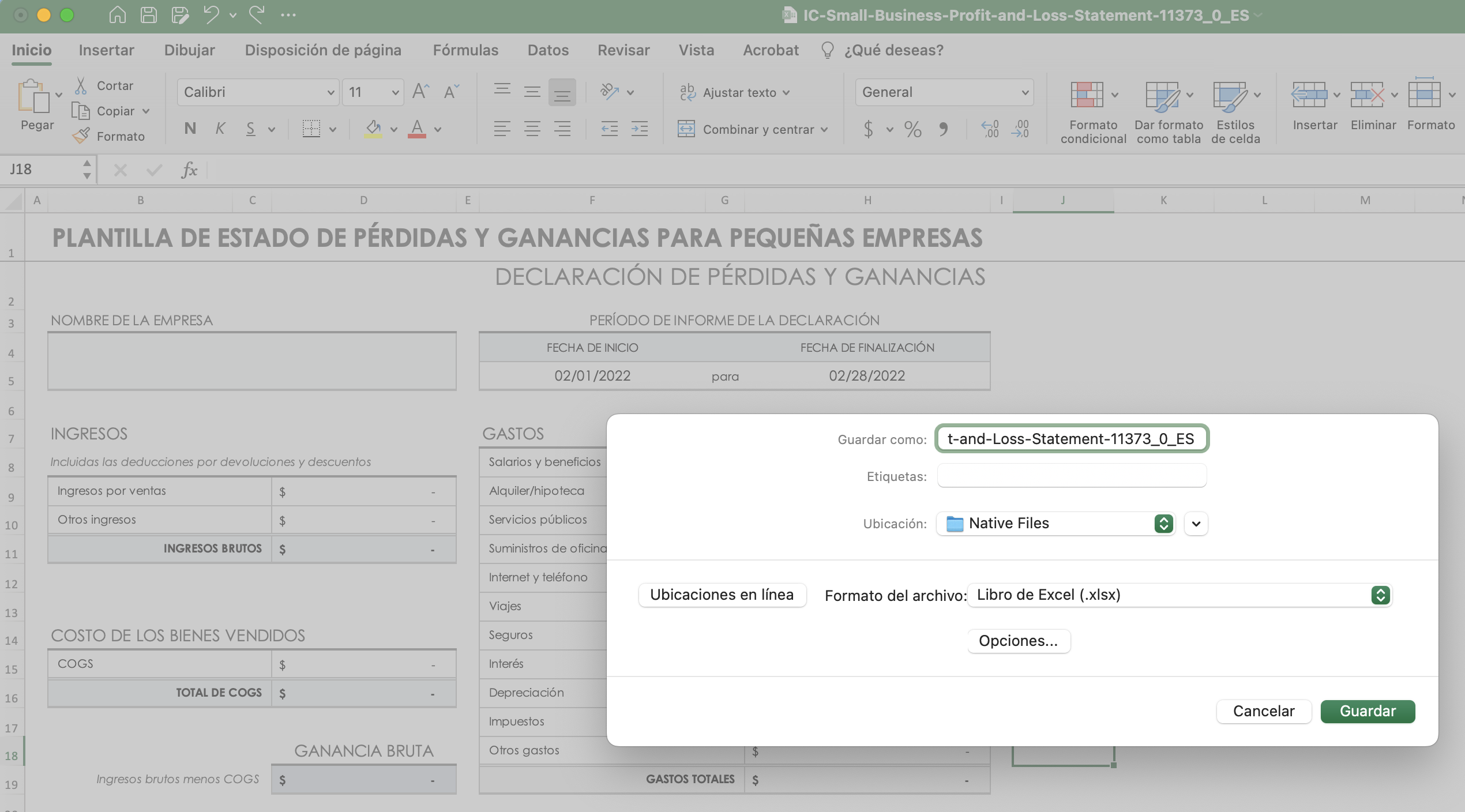 Guardar archivo de ganancias y pérdidas de Excel
