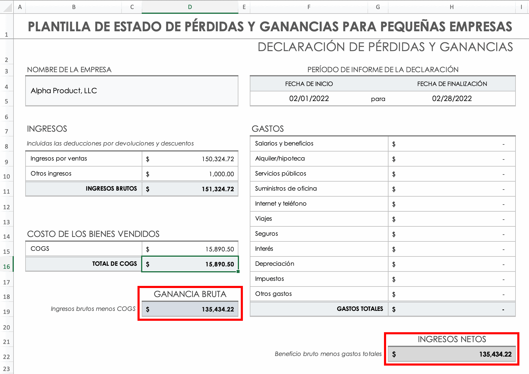 Ganancia bruta total igual a ingresos menos COGS