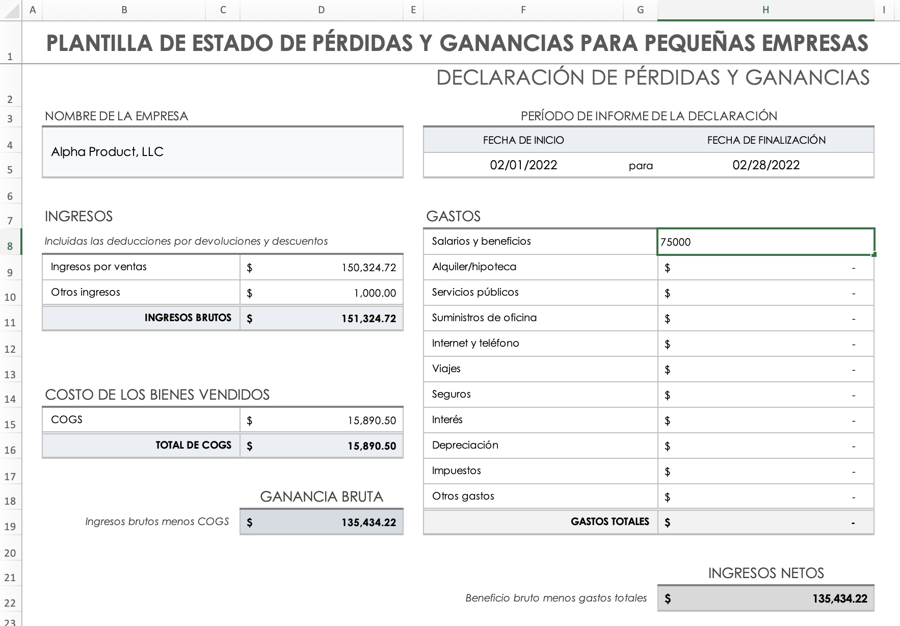 Celda de gastos de salarios y beneficios