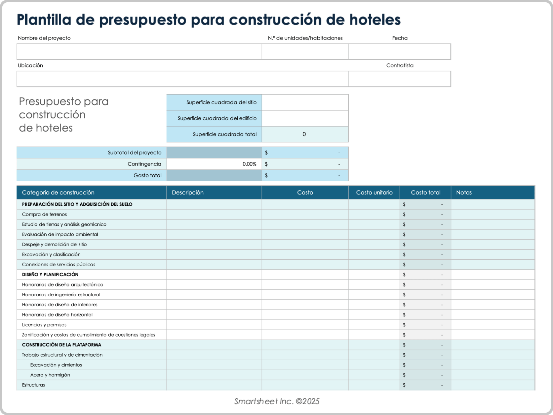 Plantilla de presupuesto de construcción de hotel