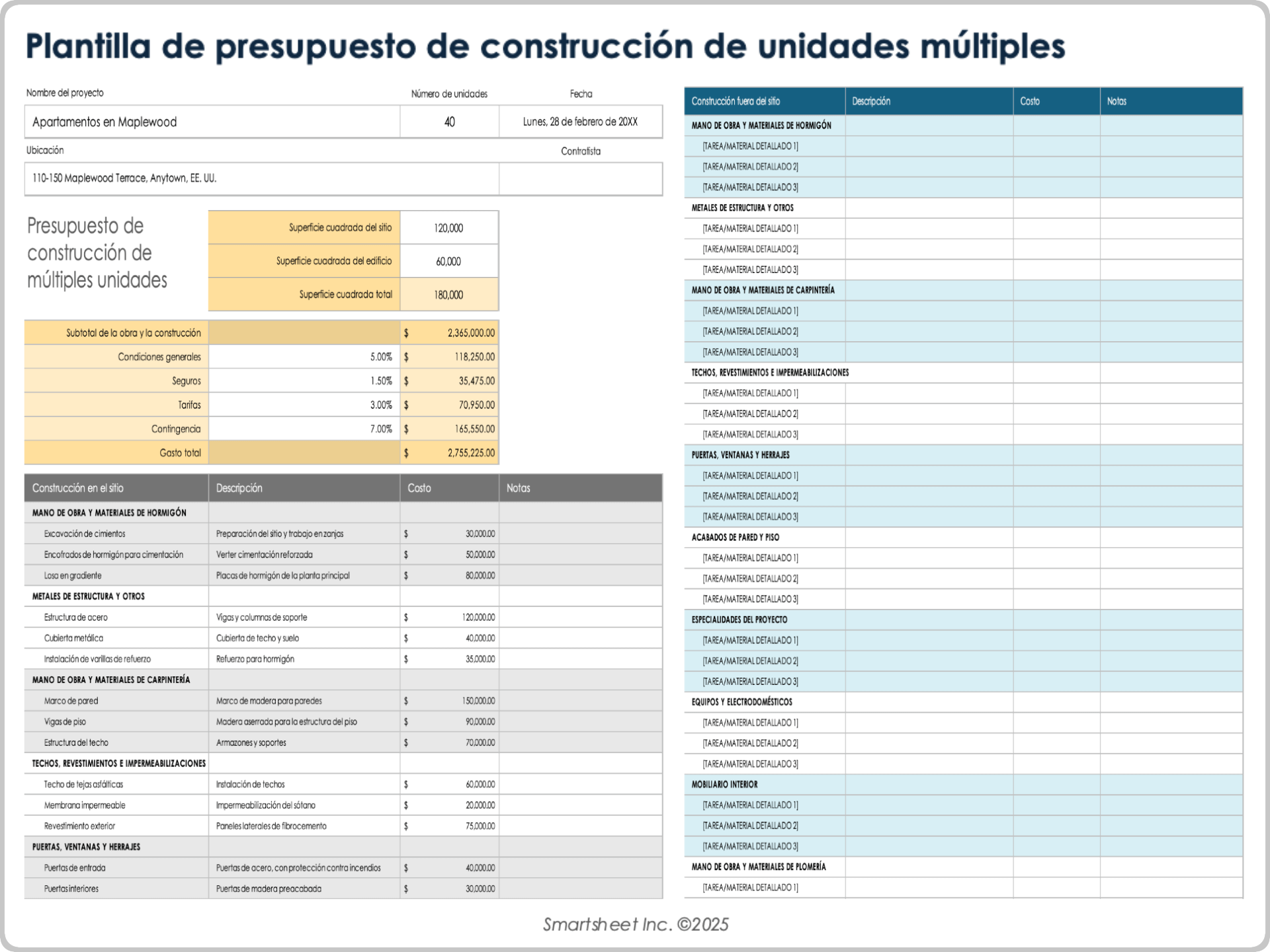 Ejemplo de plantilla de presupuesto de construcción de unidades múltiples