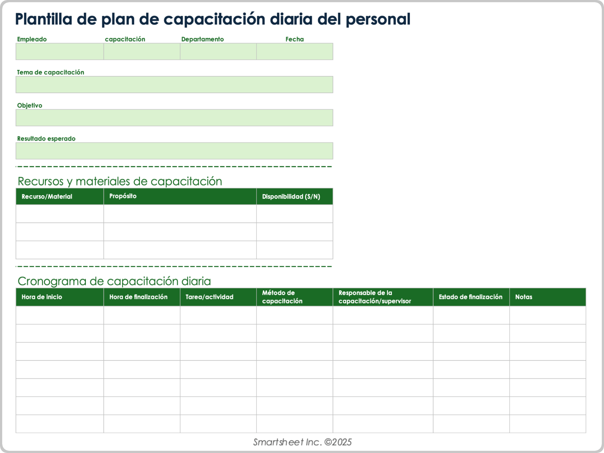 Plantilla de plan de capacitación diaria del personal