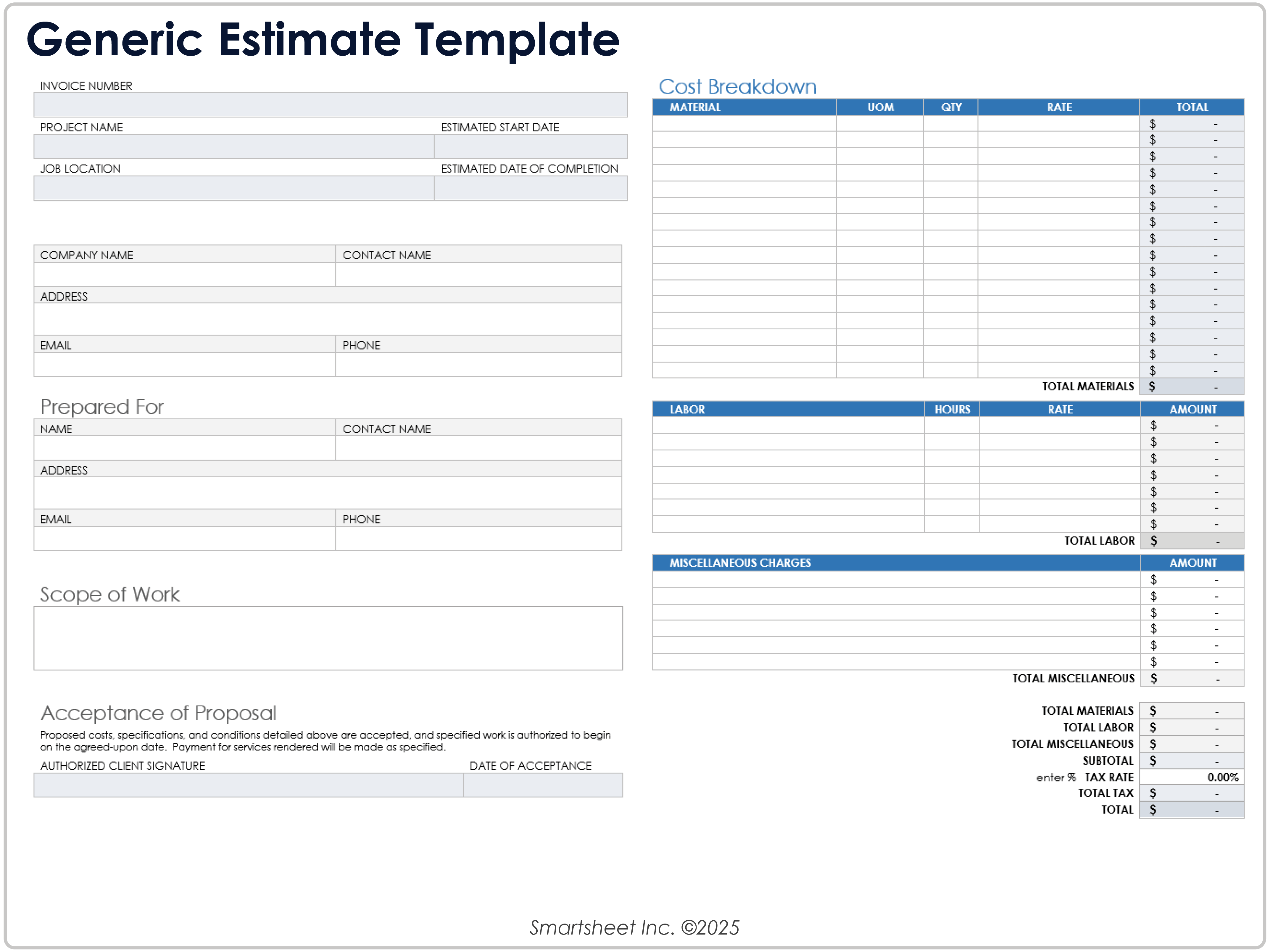Plantilla de estimación genérica