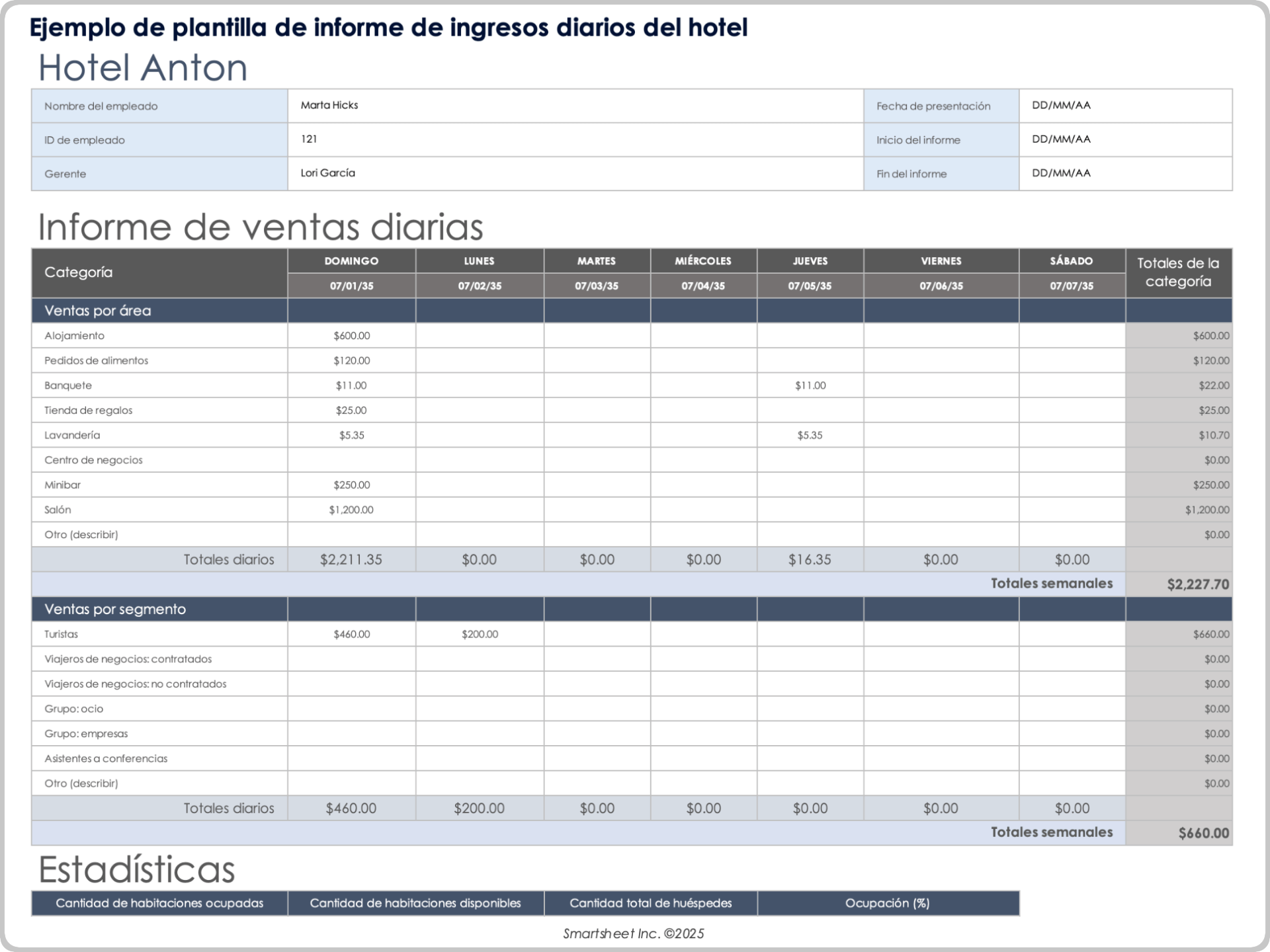 Ejemplo de plantilla de informe de ingresos diarios para hoteles