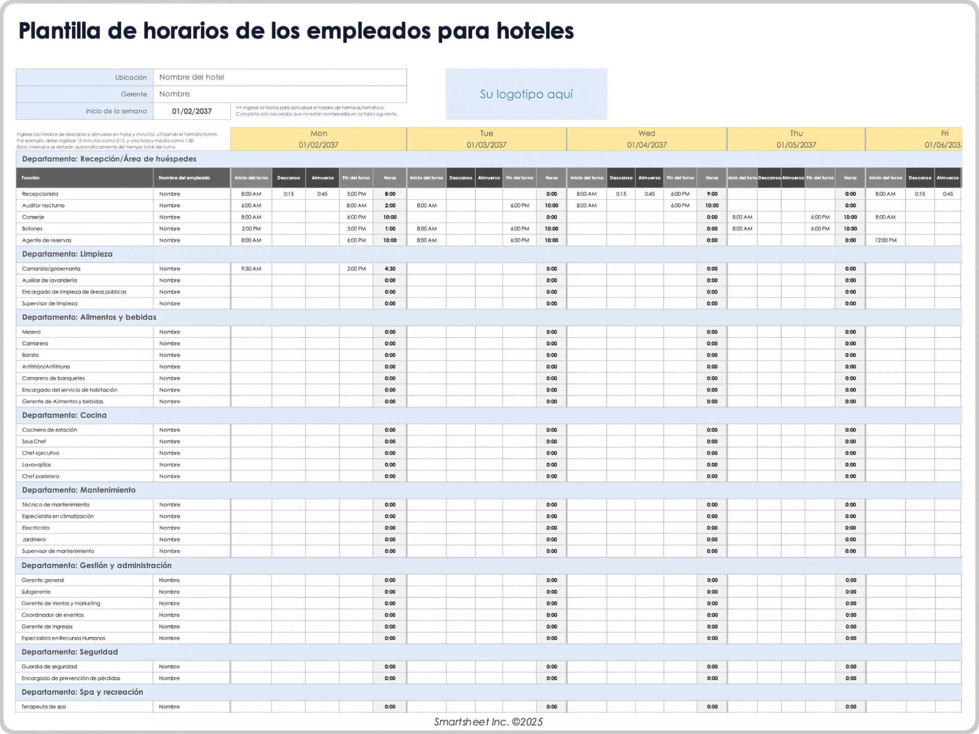 Plantilla de horarios de los empleados para hoteles