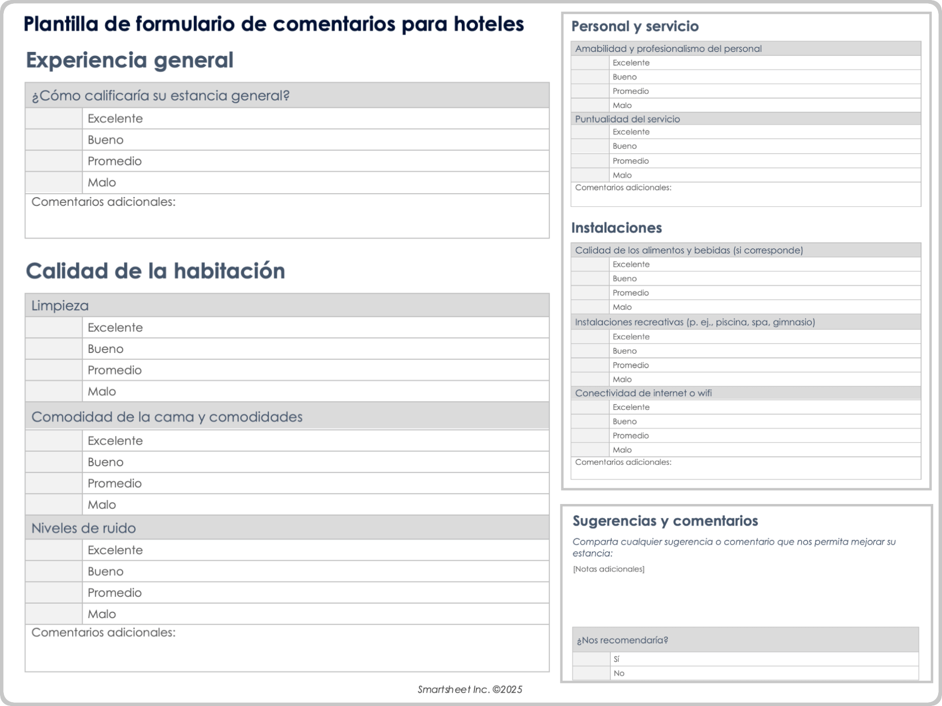 Plantilla de formulario de comentarios para hoteles