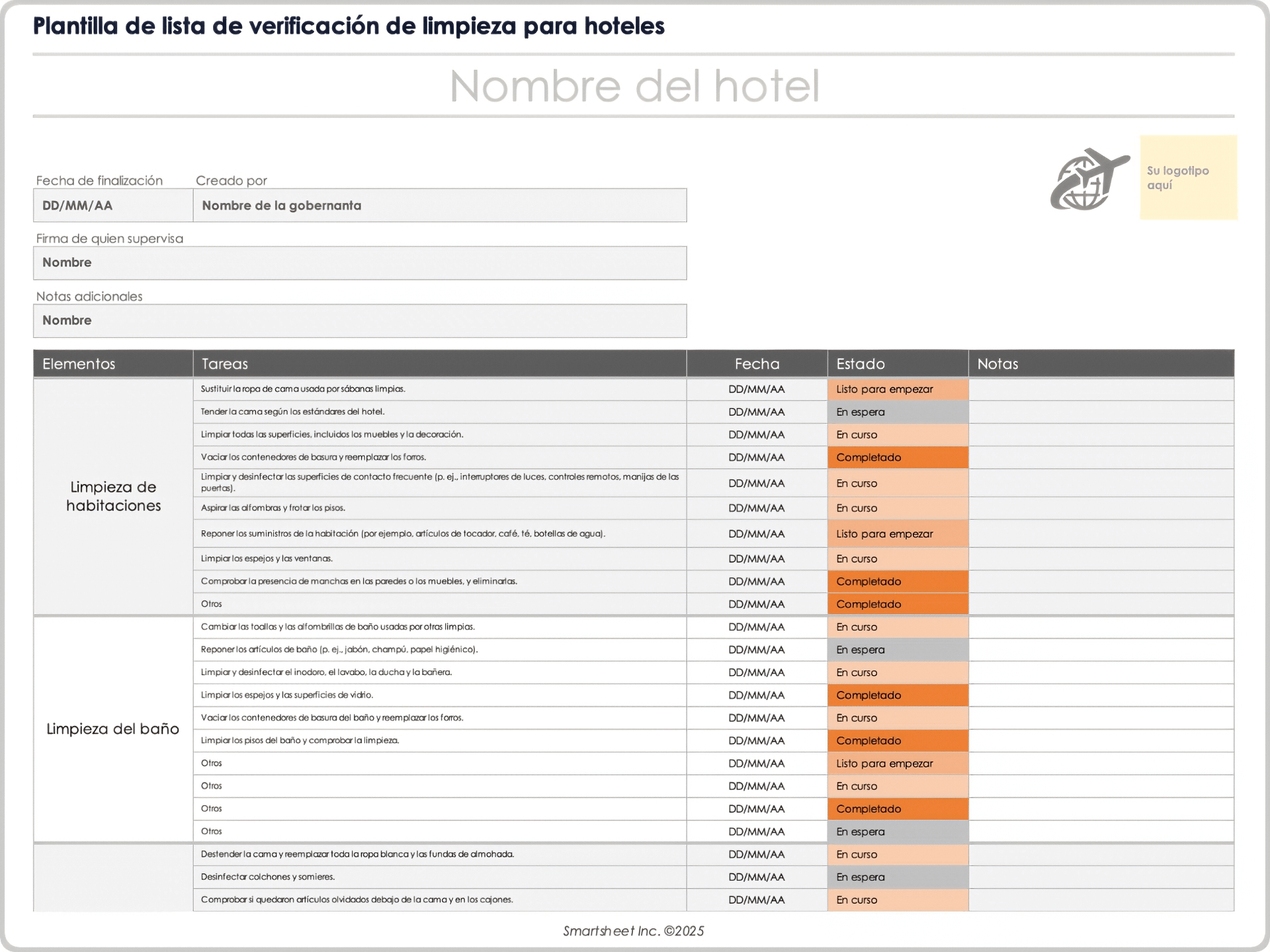 Plantilla de lista de verificación de limpieza para hoteles